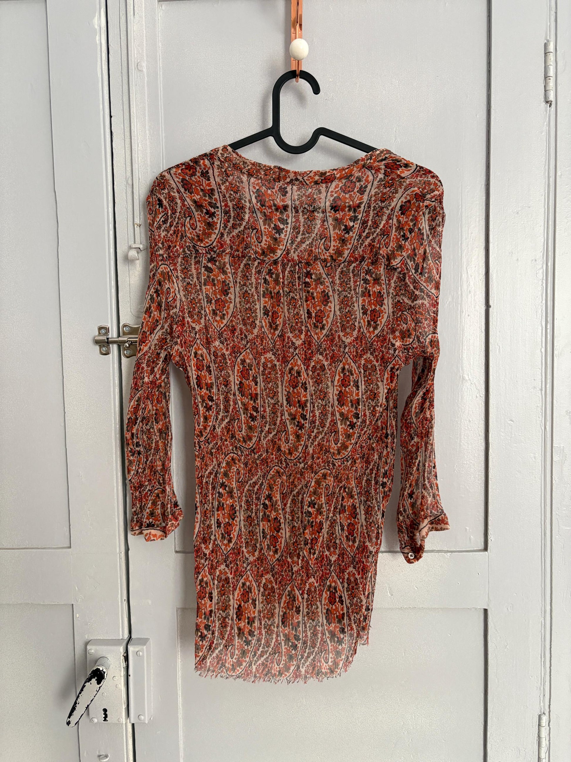 Foral sheer warm orange woman blouse, Sexy see through formal paisley print button up shirt by Massimo Dutti, Elegant camisole,