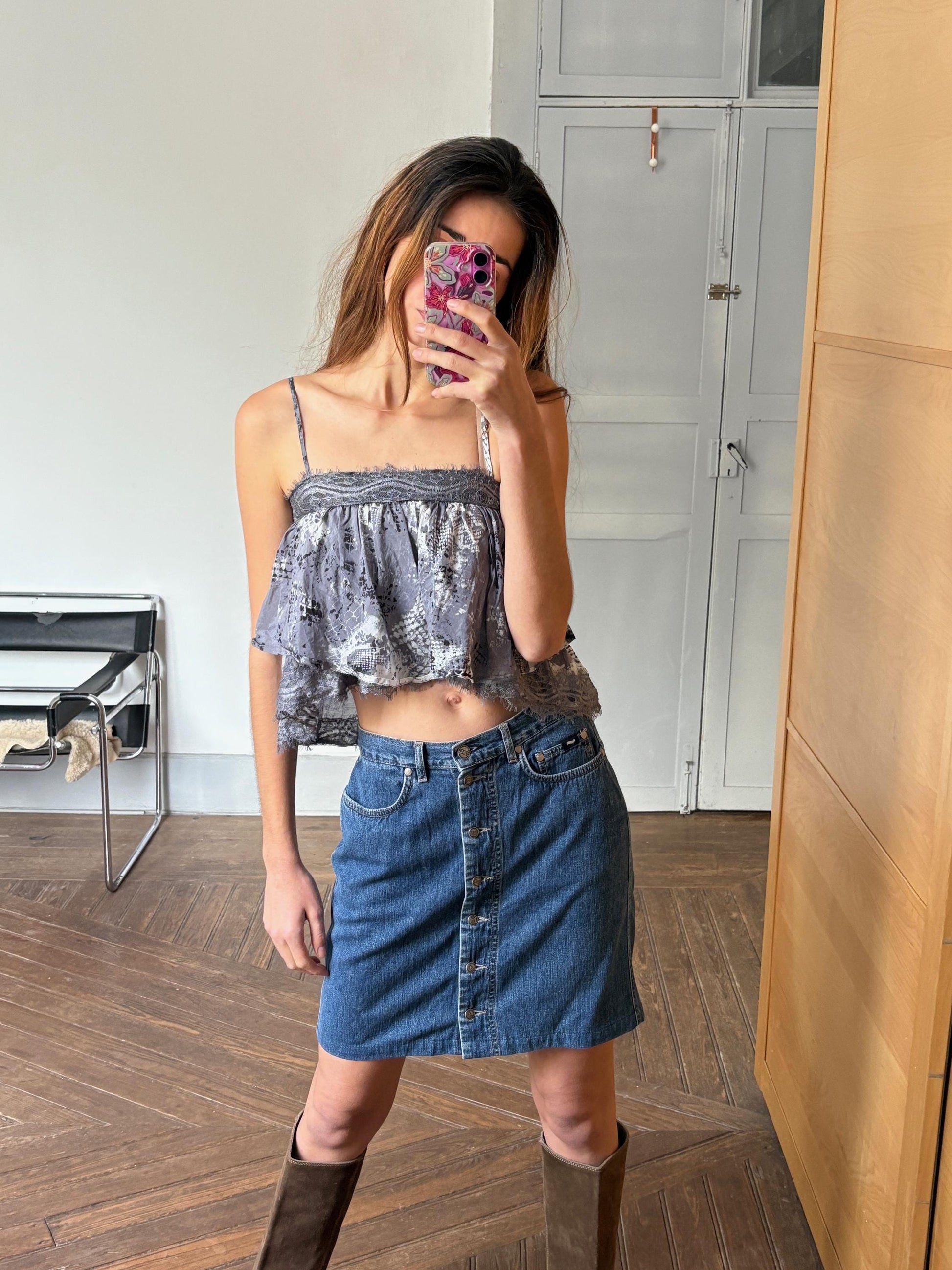 Silk and cotton crop peplum top, Playful grey spaghetti brand camisole, Lace Boho Chic summer shirt, S