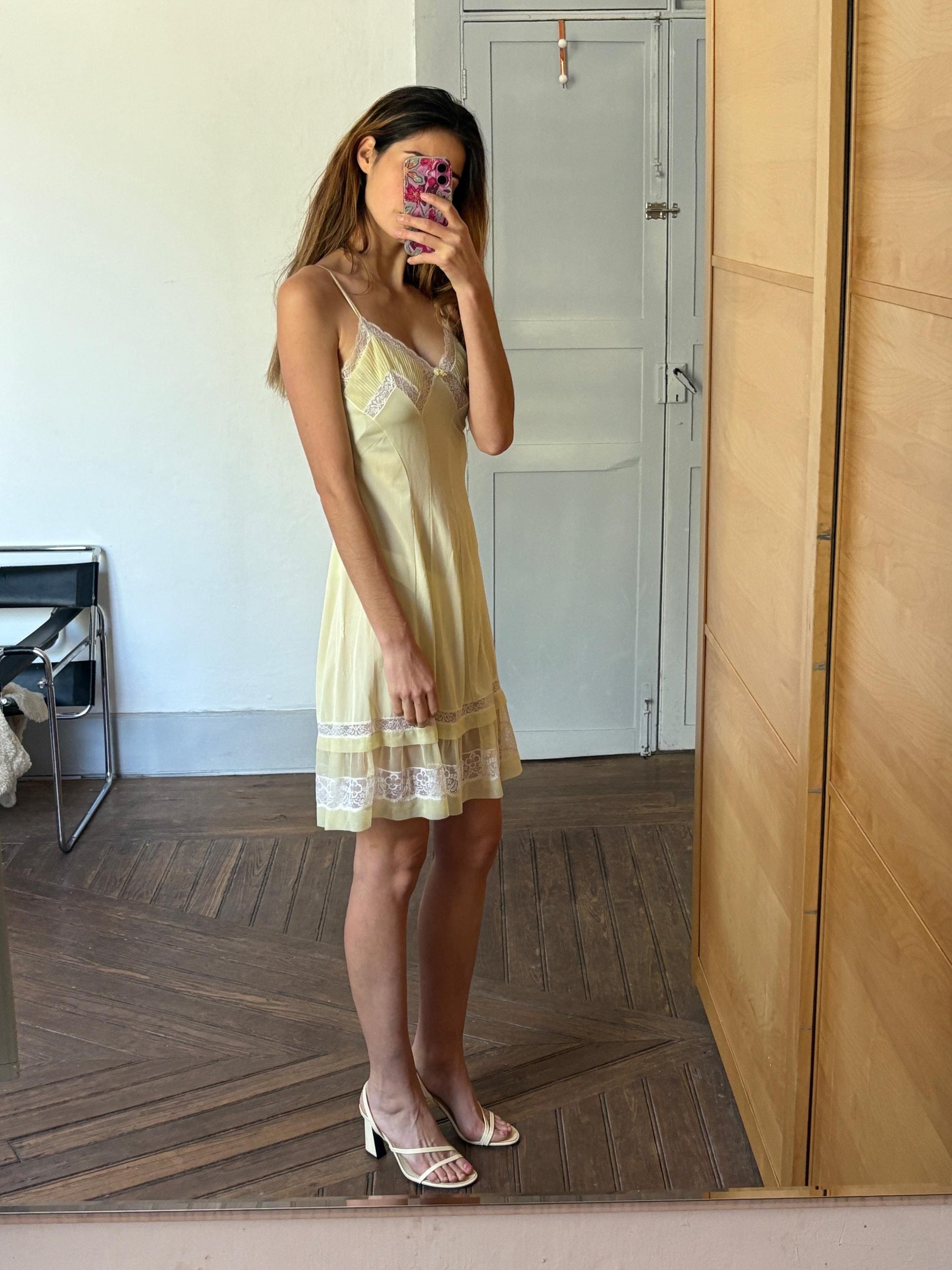 Vintage Sheer Yellow Lingerie Slip Dress – Pastel Dreamy Nightgown with Lace Detail