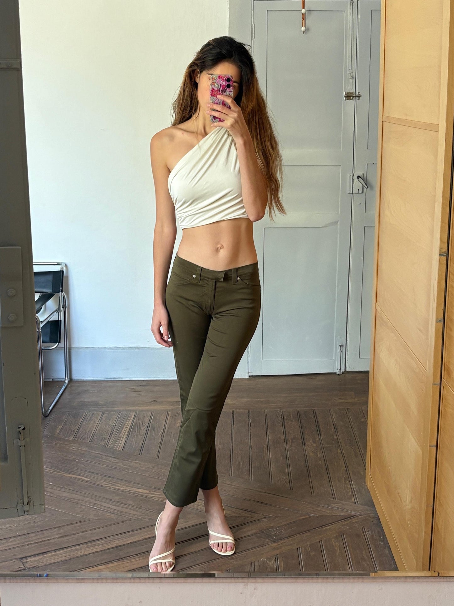 Vintage D & G kaki skinny jeans, Y2K low waist cropped pants, Sexy low rise green trousers by designer brand, 29 43, Made in Italy