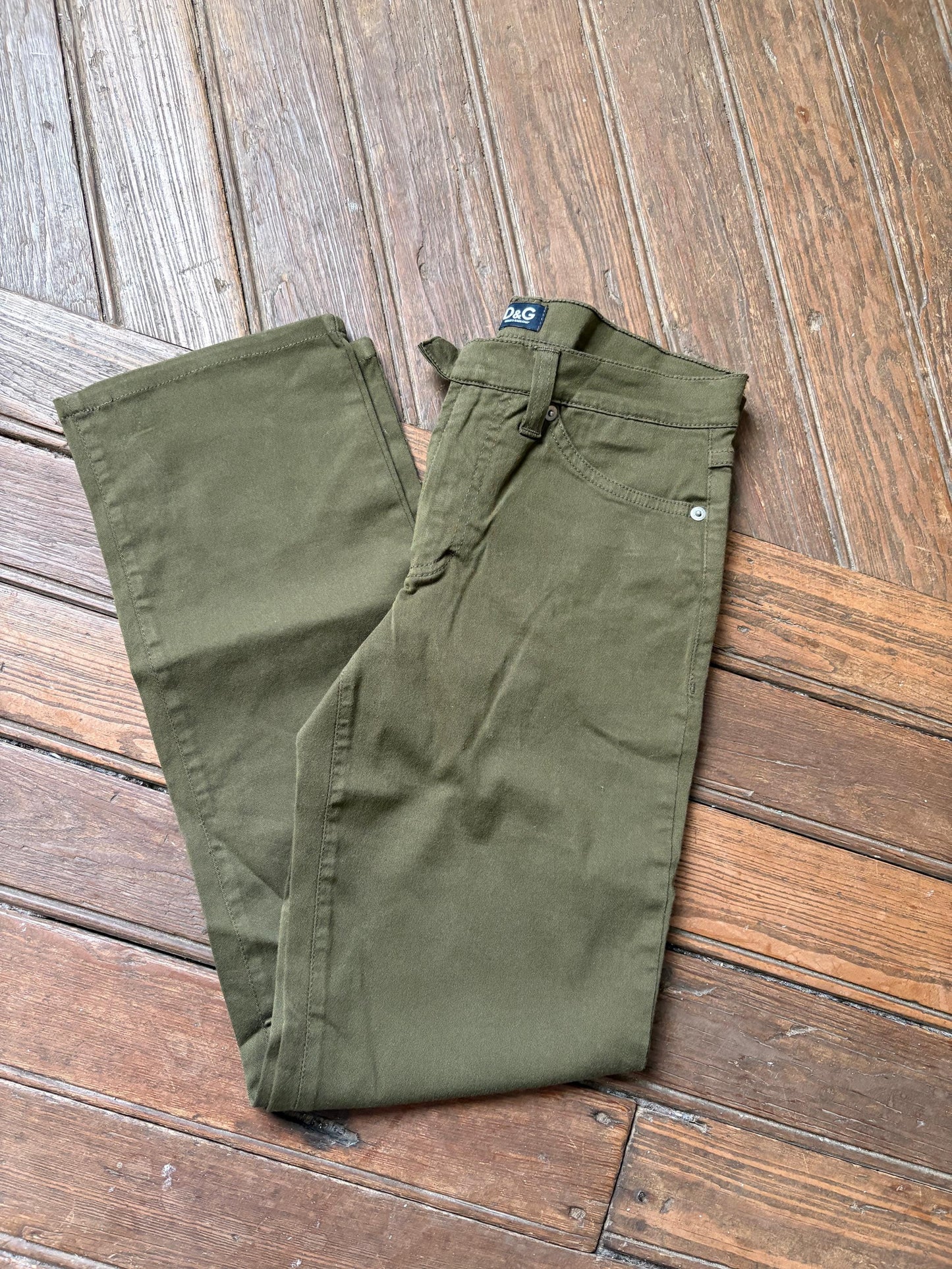 Vintage D & G kaki skinny jeans, Y2K low waist cropped pants, Sexy low rise green trousers by designer brand, 29 43, Made in Italy
