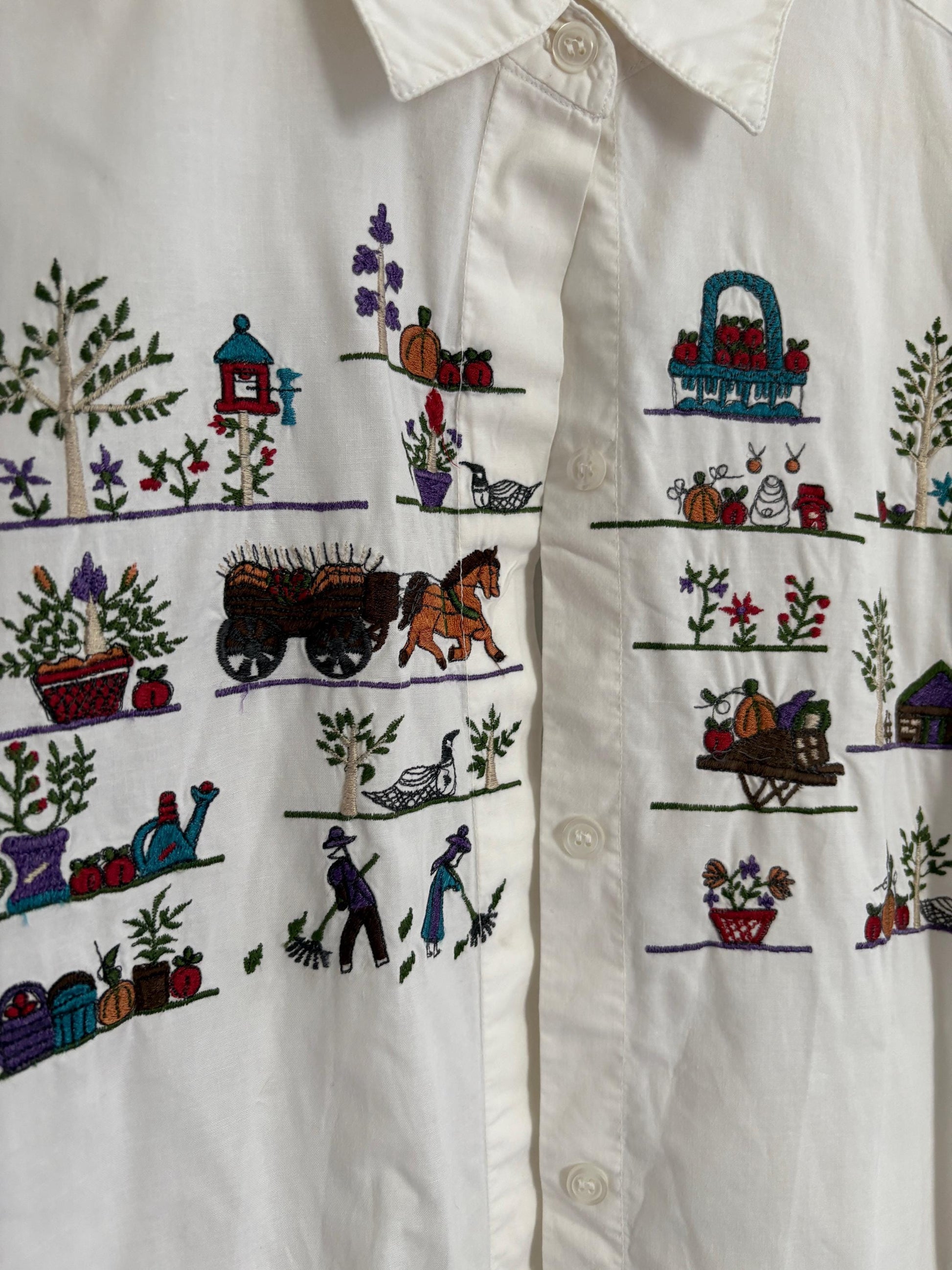 Large Farm embroidered blouse, Cottage core shirt, Oversized cotton top, L