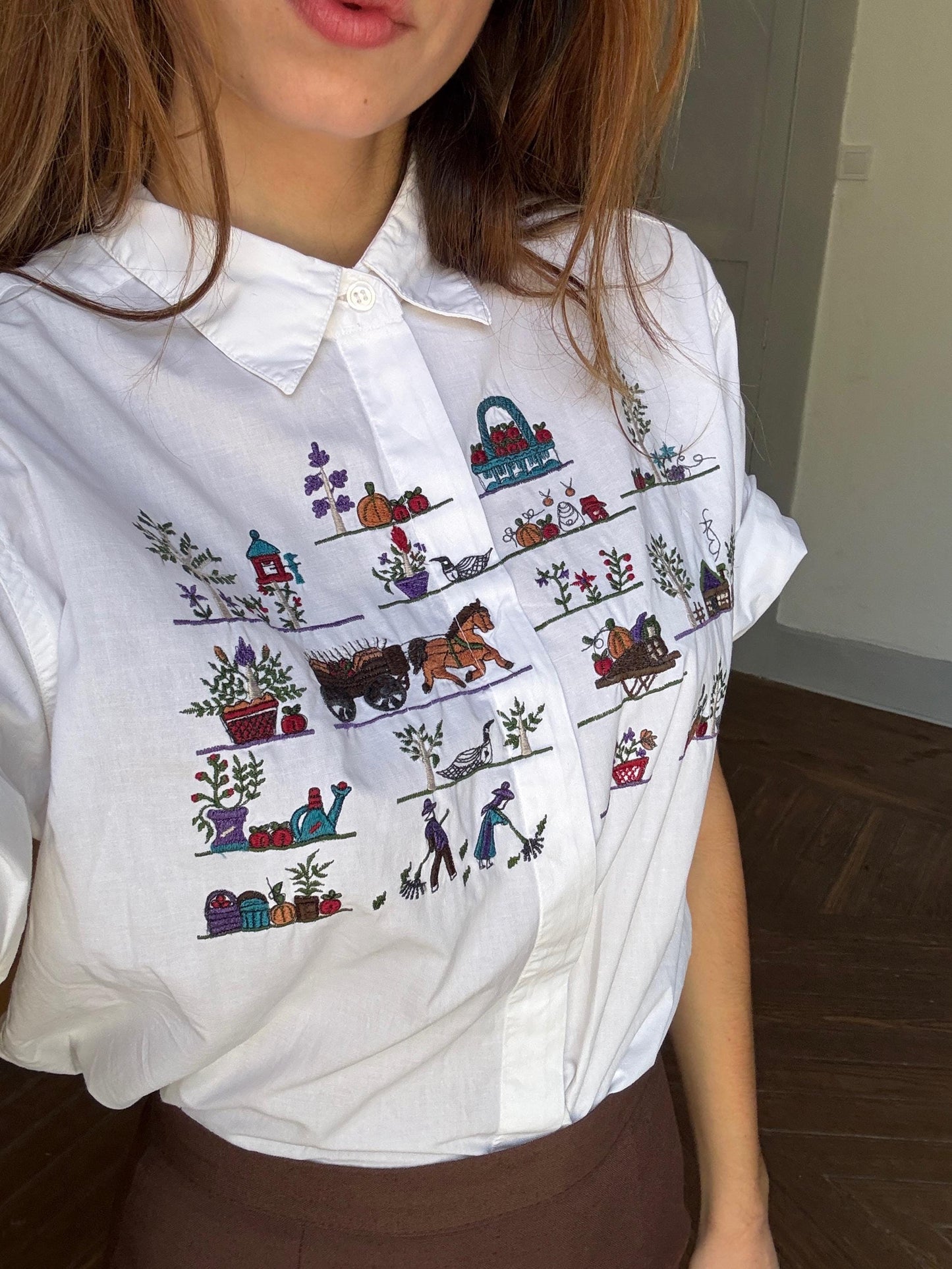 Large Farm embroidered blouse, Cottage core shirt, Oversized cotton top, L