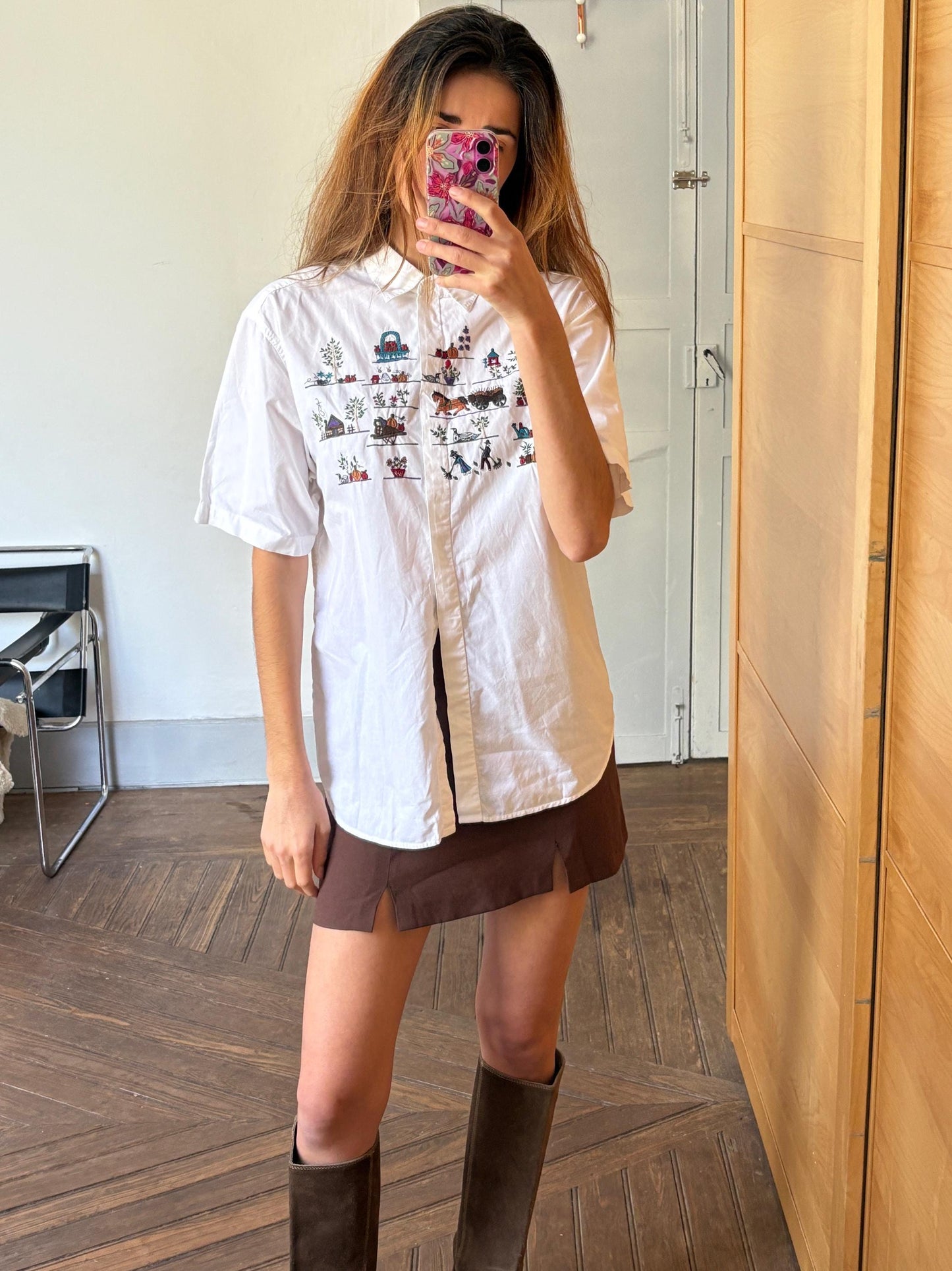 Large Farm embroidered blouse, Cottage core shirt, Oversized cotton top, L