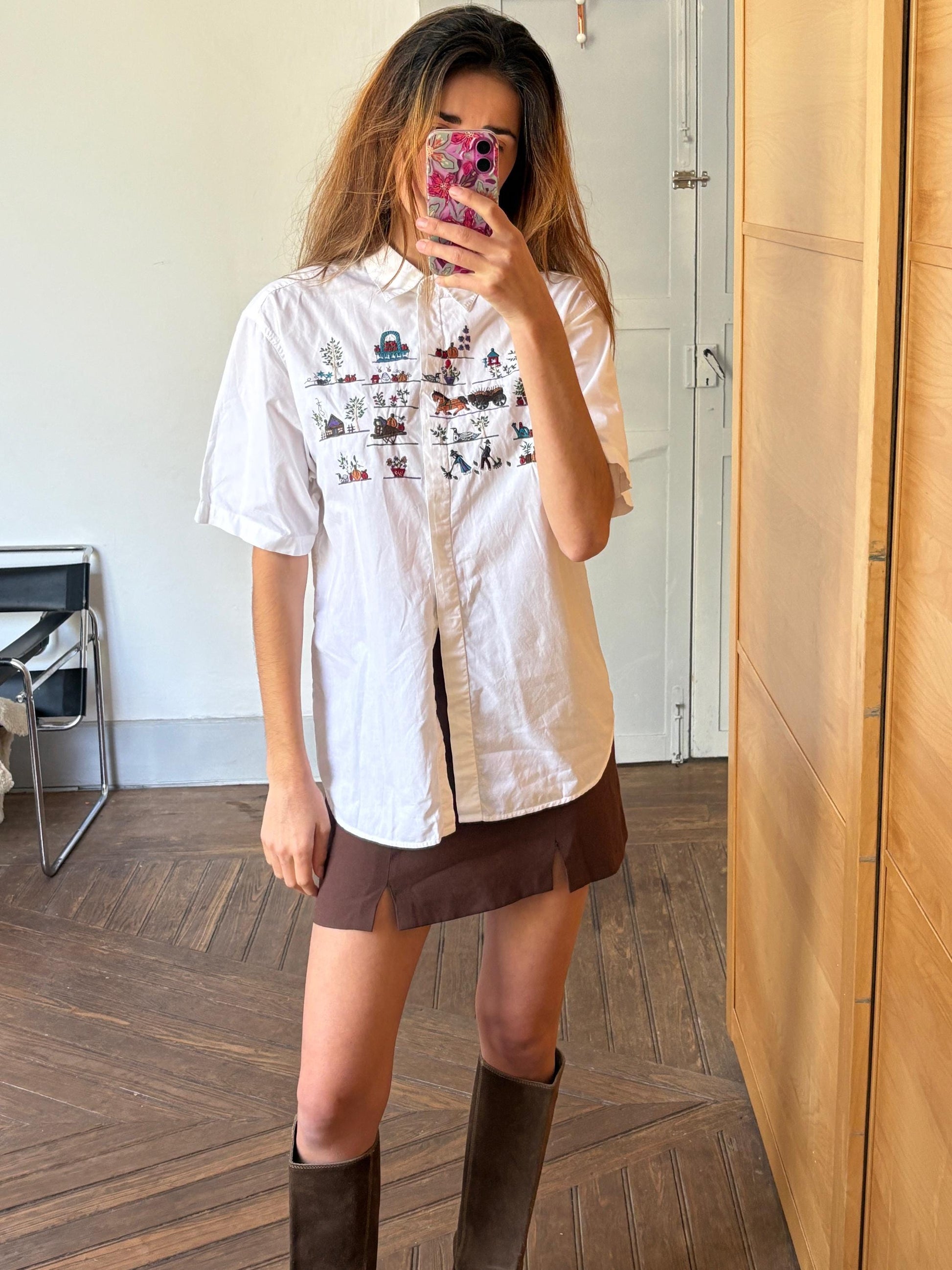 Large Farm embroidered blouse, Cottage core shirt, Oversized cotton top, L