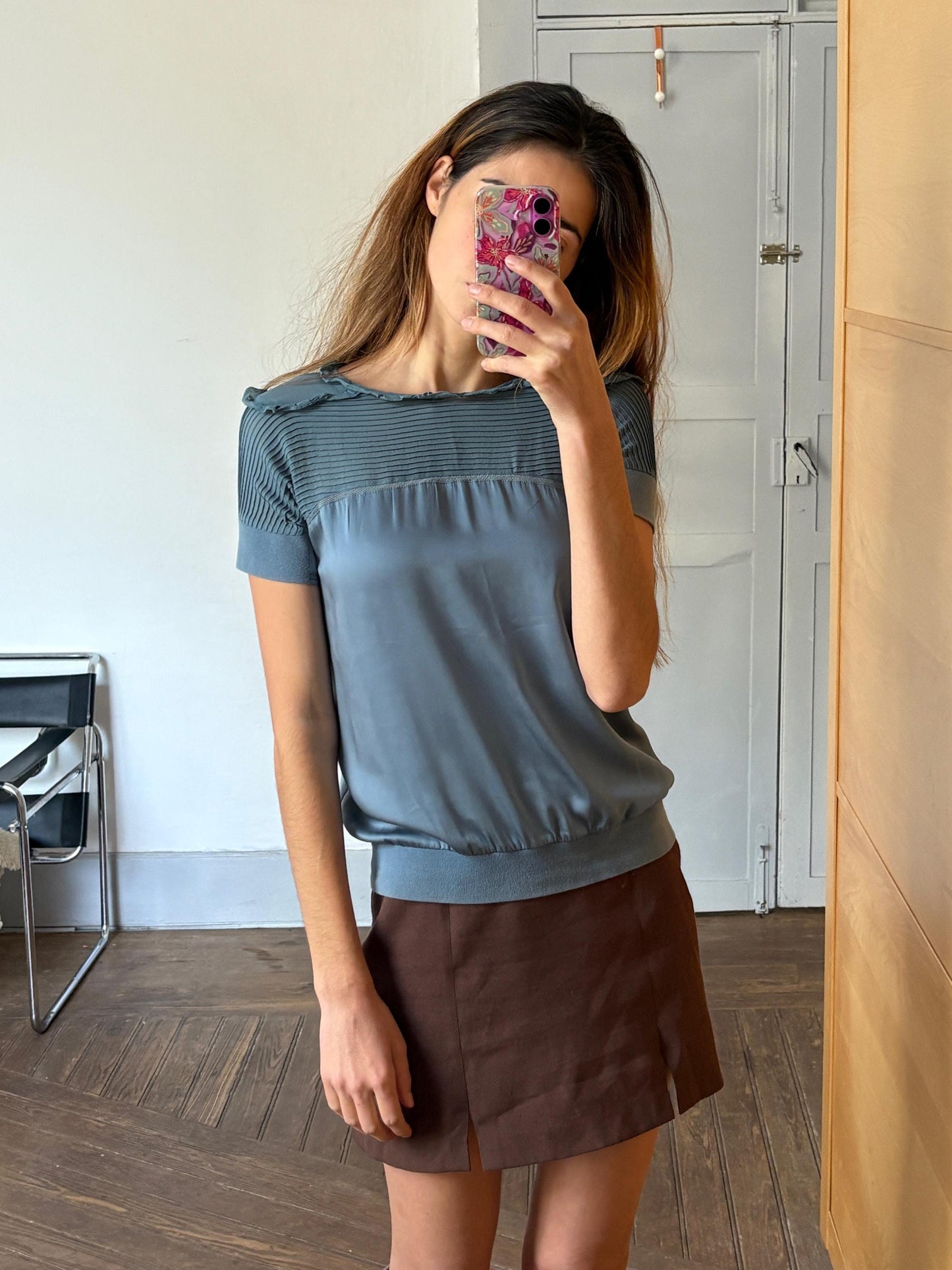 vintage silk Adolfo Dominguez designer shirt, Elegant formal camisole, Blue silk woman top, Secondhand branded clothing