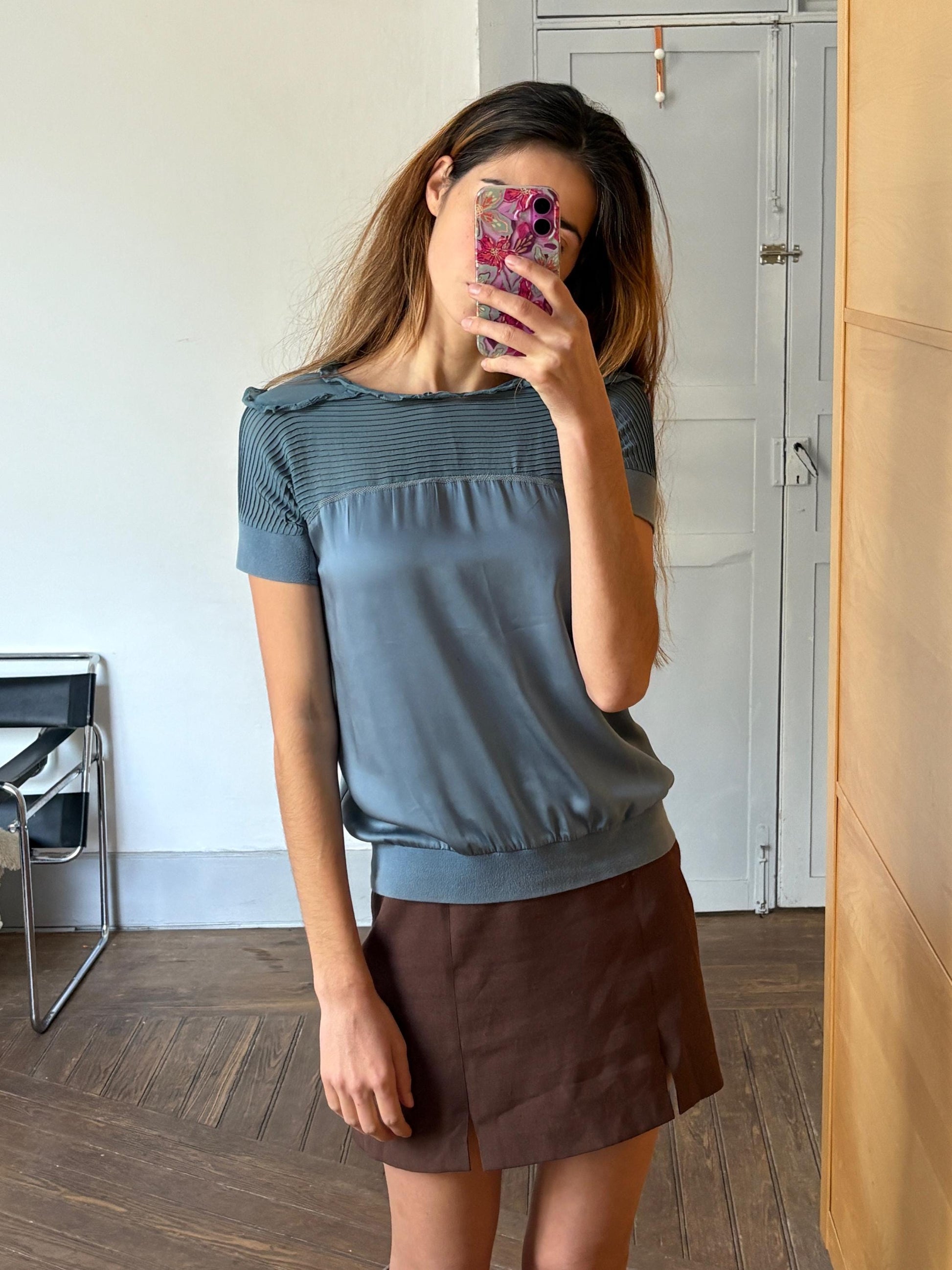 vintage silk Adolfo Dominguez designer shirt, Elegant formal camisole, Blue silk woman top, Secondhand branded clothing