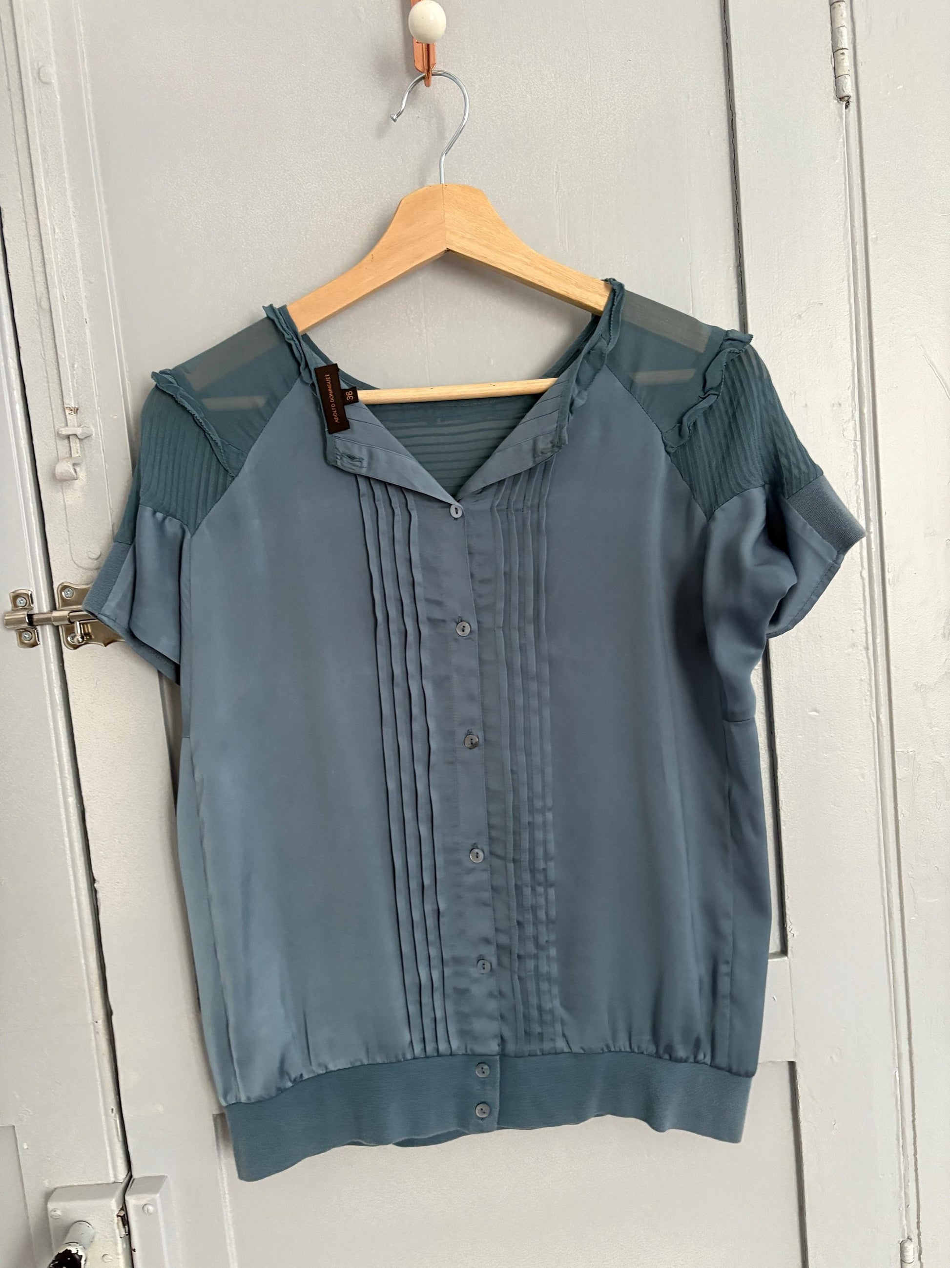 vintage silk Adolfo Dominguez designer shirt, Elegant formal camisole, Blue silk woman top, Secondhand branded clothing