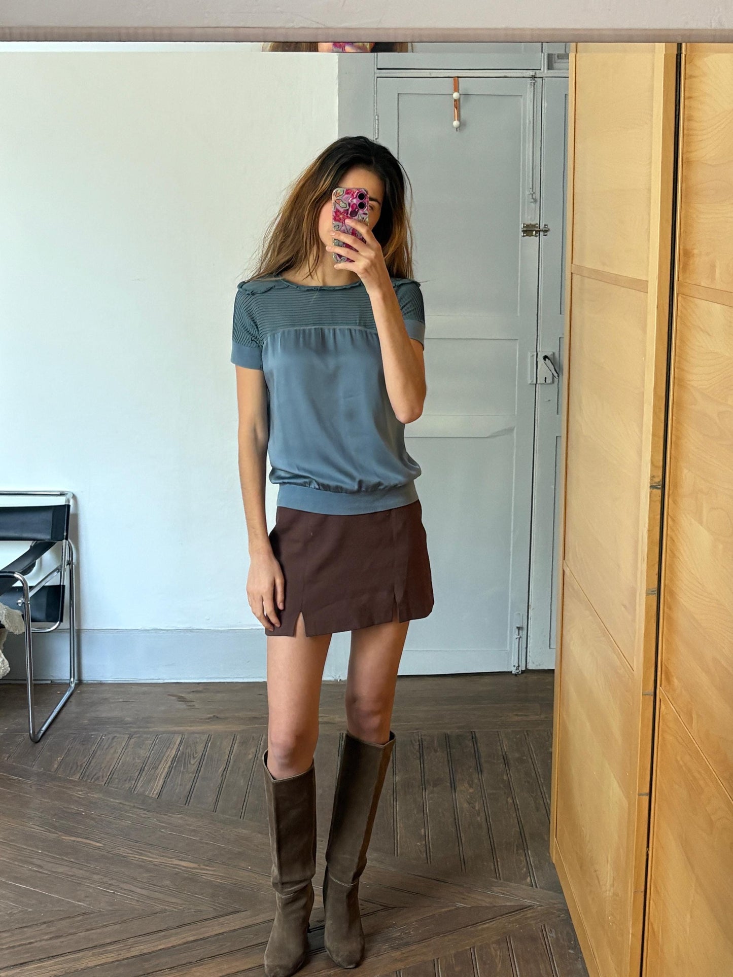 vintage silk Adolfo Dominguez designer shirt, Elegant formal camisole, Blue silk woman top, Secondhand branded clothing