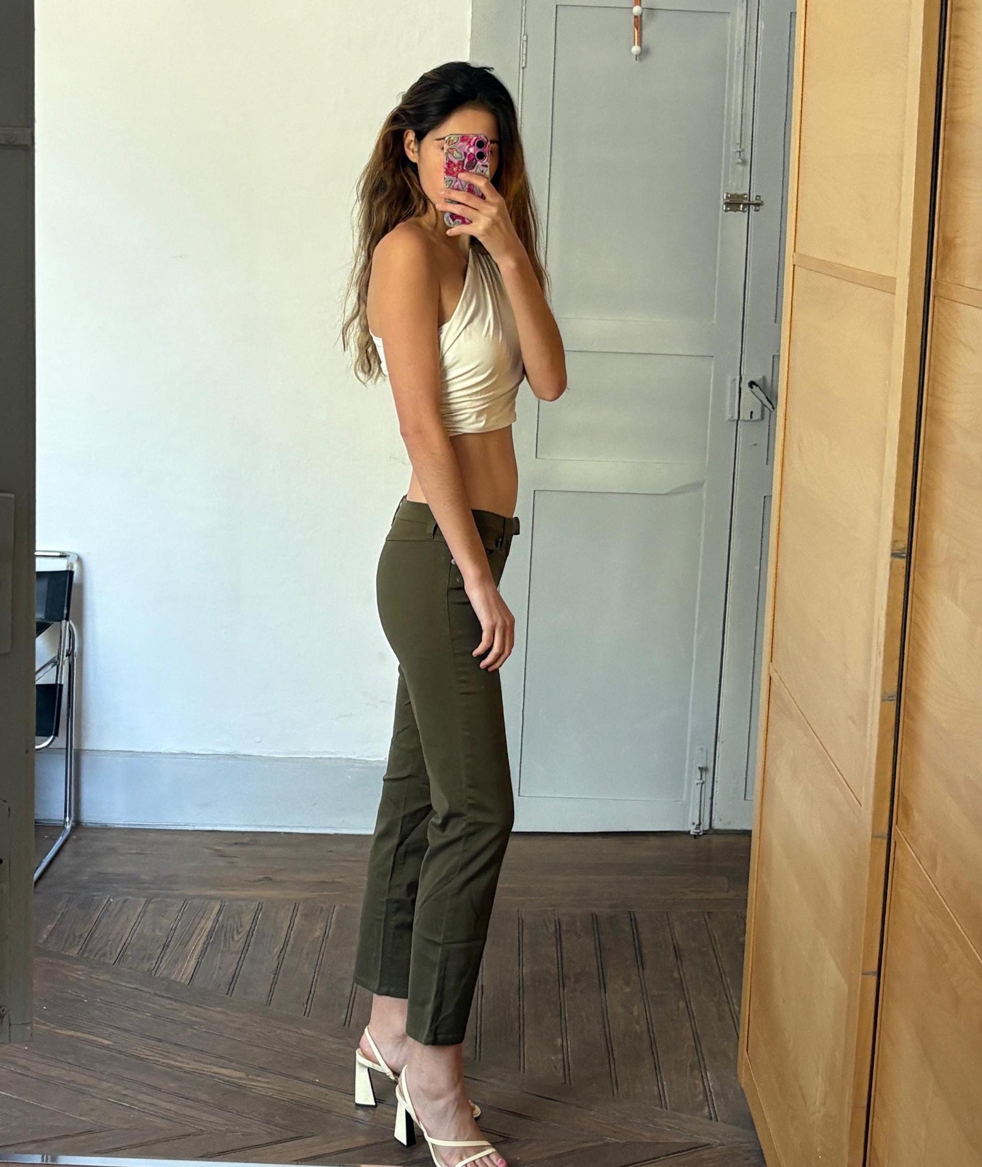 Vintage D & G kaki skinny jeans, Y2K low waist cropped pants, Sexy low rise green trousers by designer brand, 29 43, Made in Italy