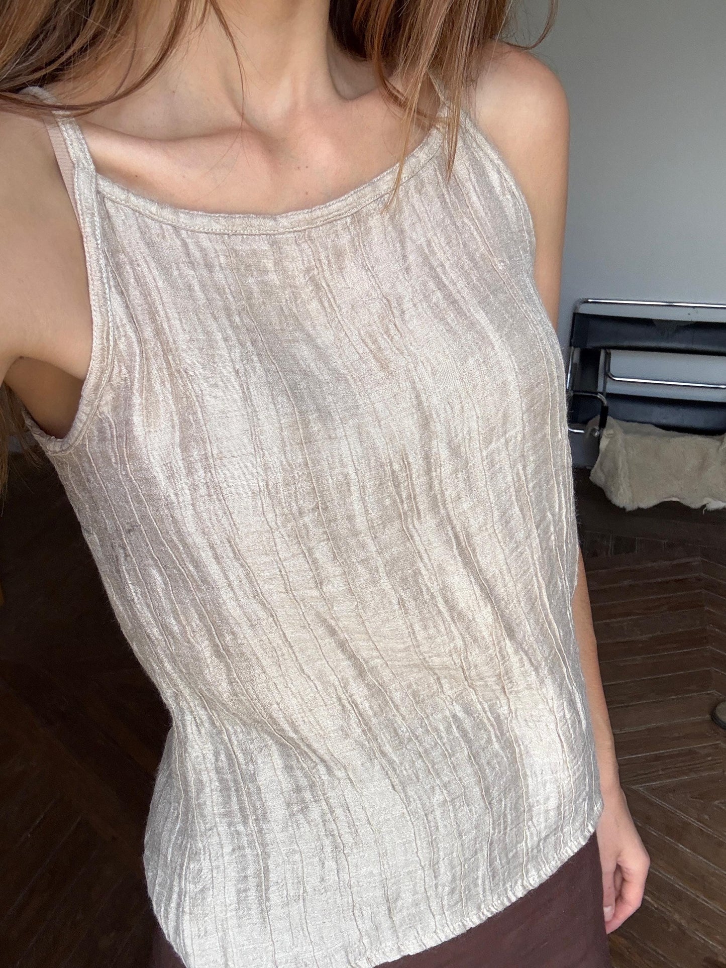 Oatmeal coloured tank top, Vintage earthy sand camisole, Natural beige wardrobe, Sustainable fashion, Textured top
