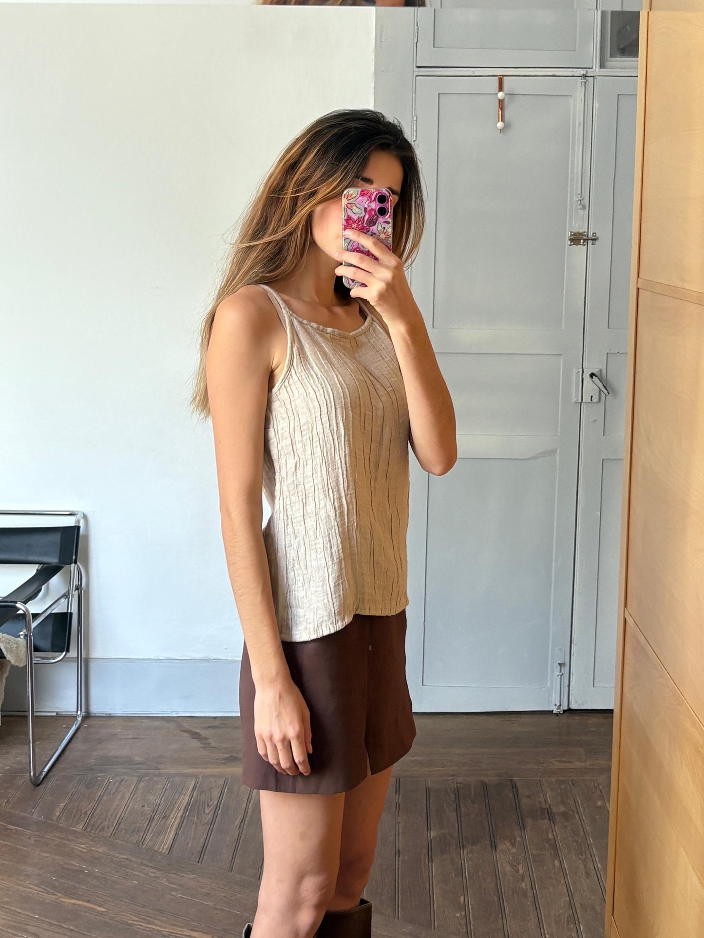 Oatmeal coloured tank top, Vintage earthy sand camisole, Natural beige wardrobe, Sustainable fashion, Textured top