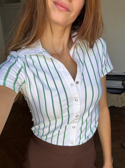 Genfins Vintage White Green Striped Polo Shirt XS