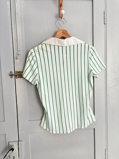 Genfins Vintage White Green Striped Polo Shirt XS
