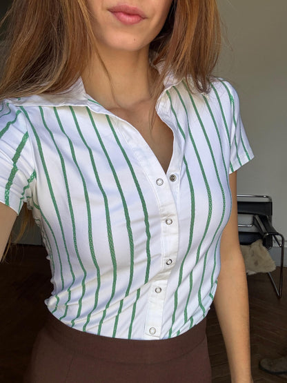 Genfins Vintage White Green Striped Polo Shirt XS