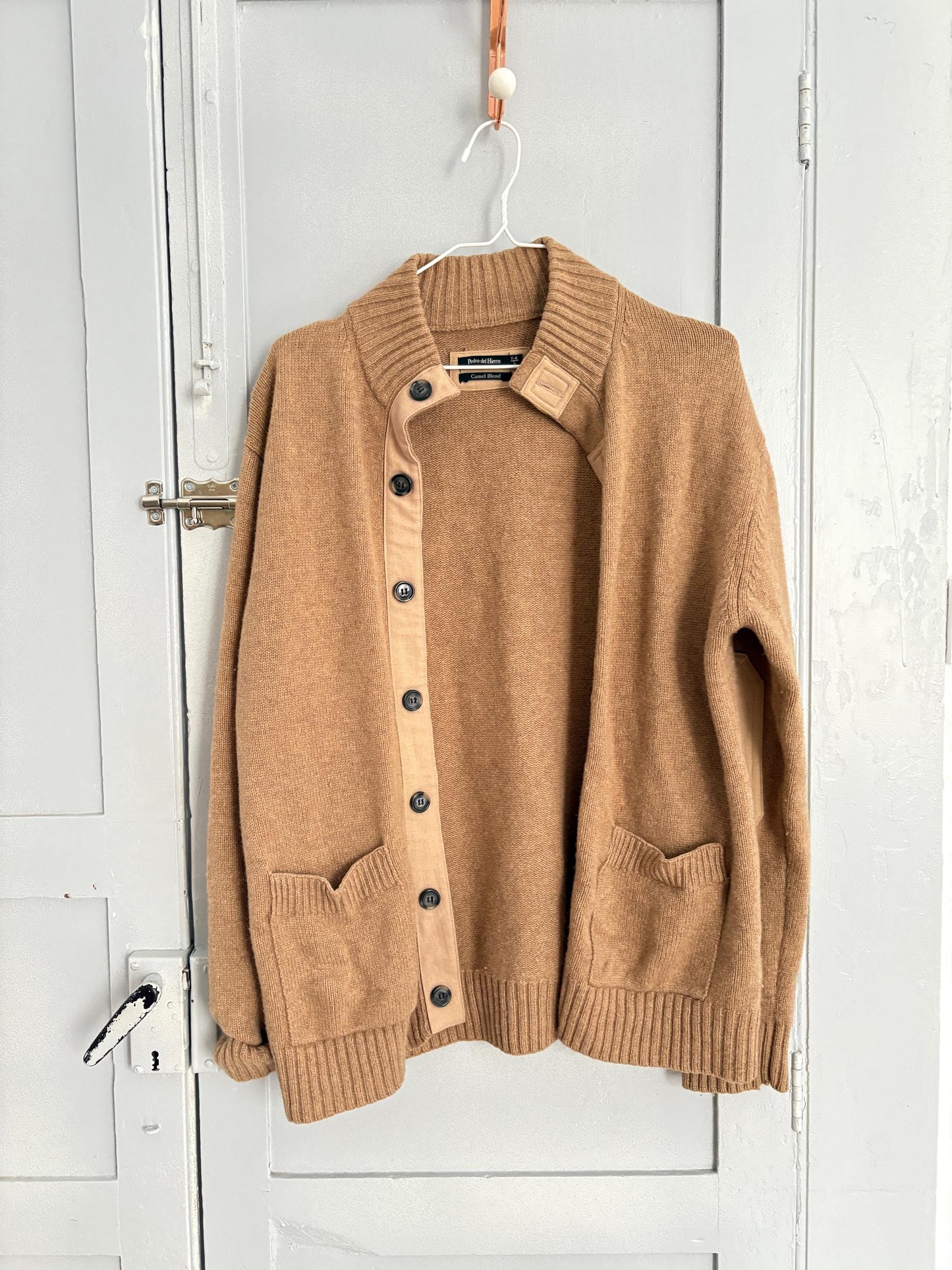 Vintage Tan Wool - CAMEL blend cardigan, Spanish Designer Pedro del Hierro winter sweater, Light brown dark academia clothing, M