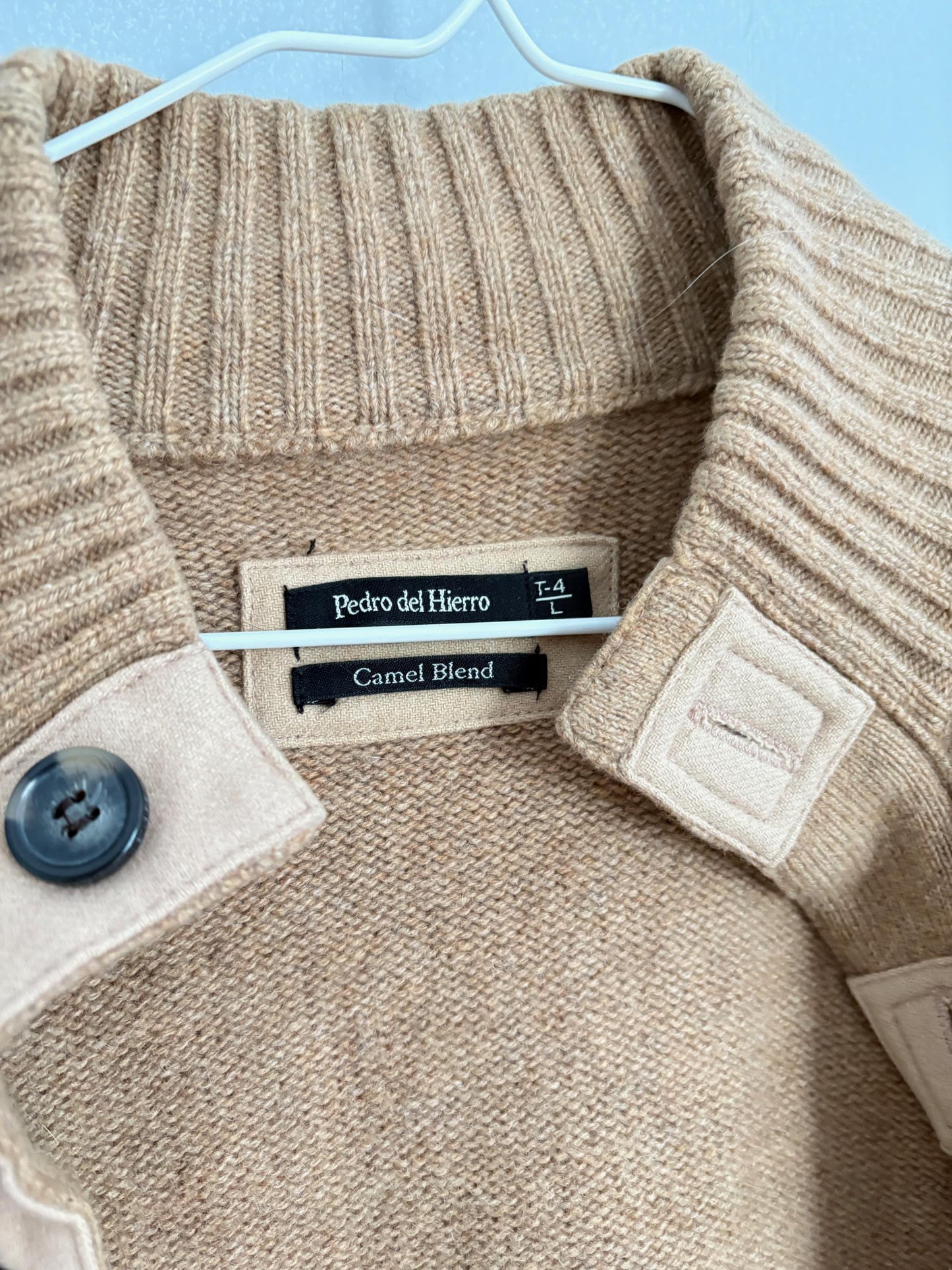 Vintage Tan Wool - CAMEL blend cardigan, Spanish Designer Pedro del Hierro winter sweater, Light brown dark academia clothing, M