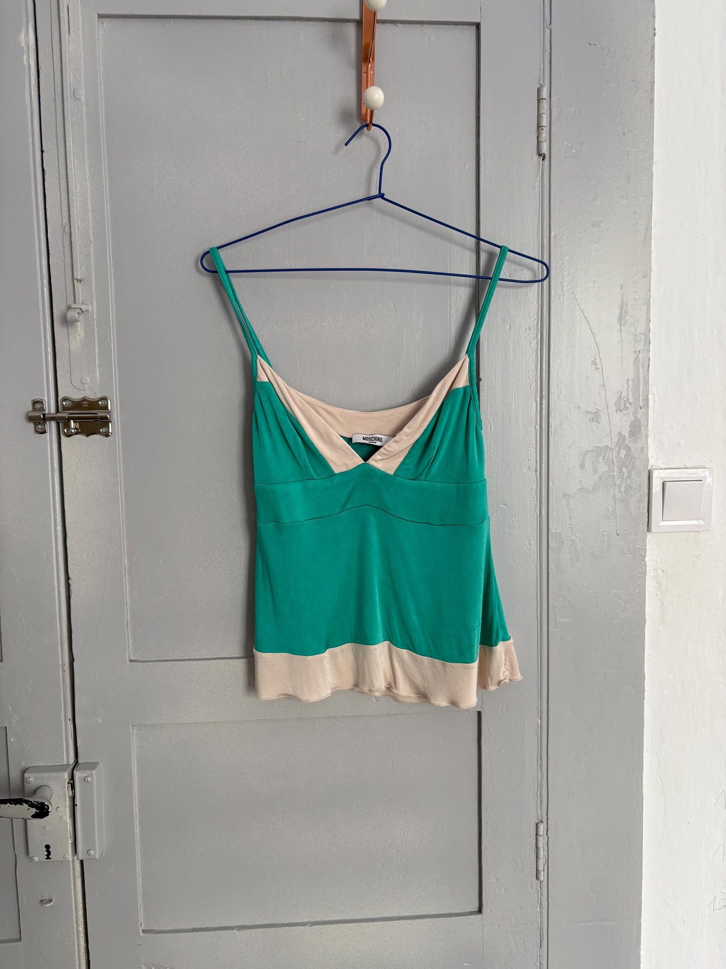 Vintage Moschino Jeans tank top, Colourful green camisole, Sexy open neckline, Secondhand branded designer wear, S