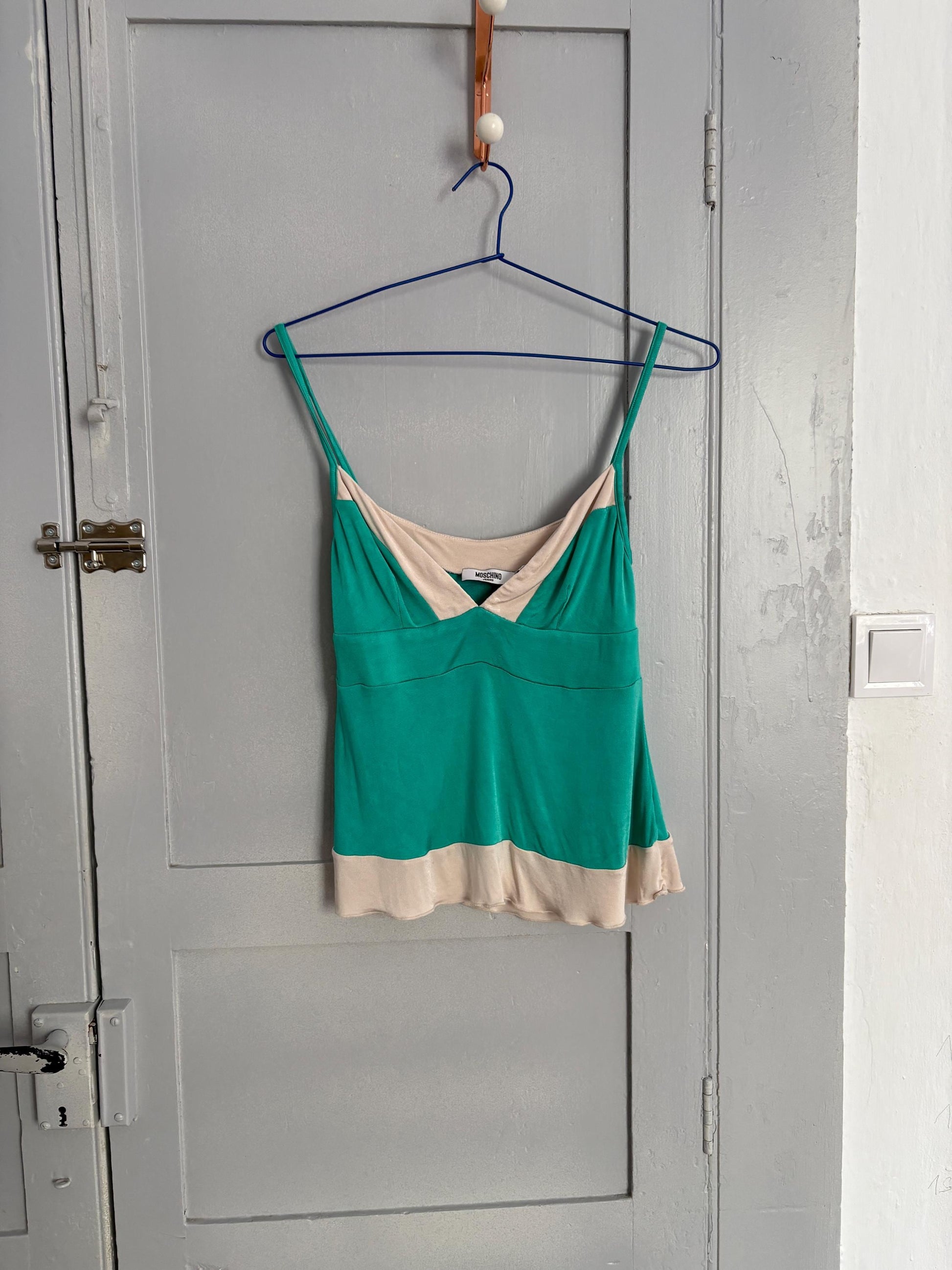 Vintage Moschino Jeans tank top, Colourful green camisole, Sexy open neckline, Secondhand branded designer wear, S