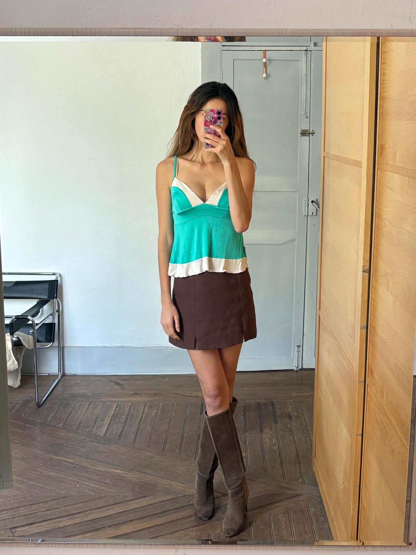 Vintage Moschino Jeans tank top, Colourful green camisole, Sexy open neckline, Secondhand branded designer wear, S