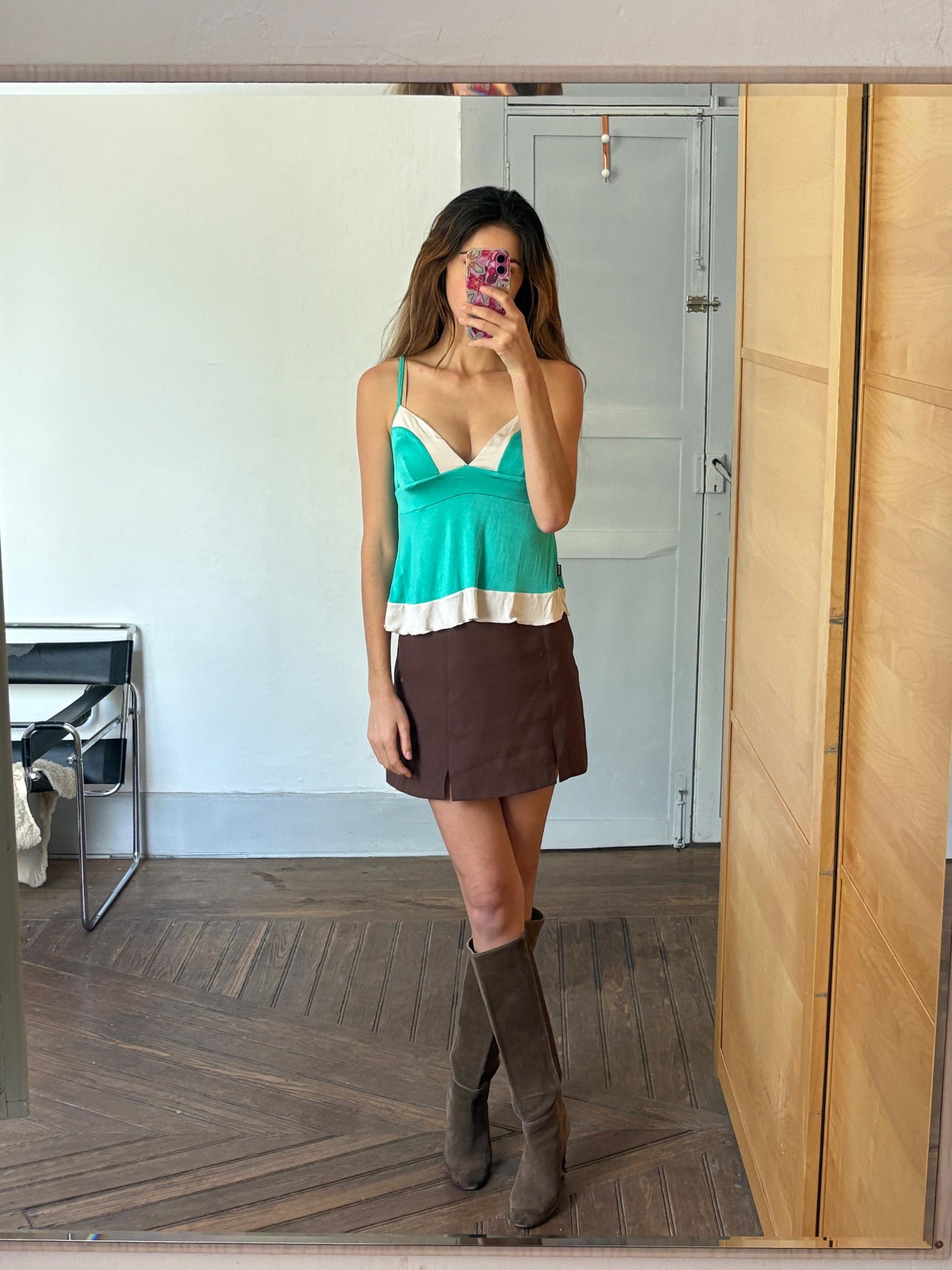 Vintage Moschino Jeans tank top, Colourful green camisole, Sexy open neckline, Secondhand branded designer wear, S