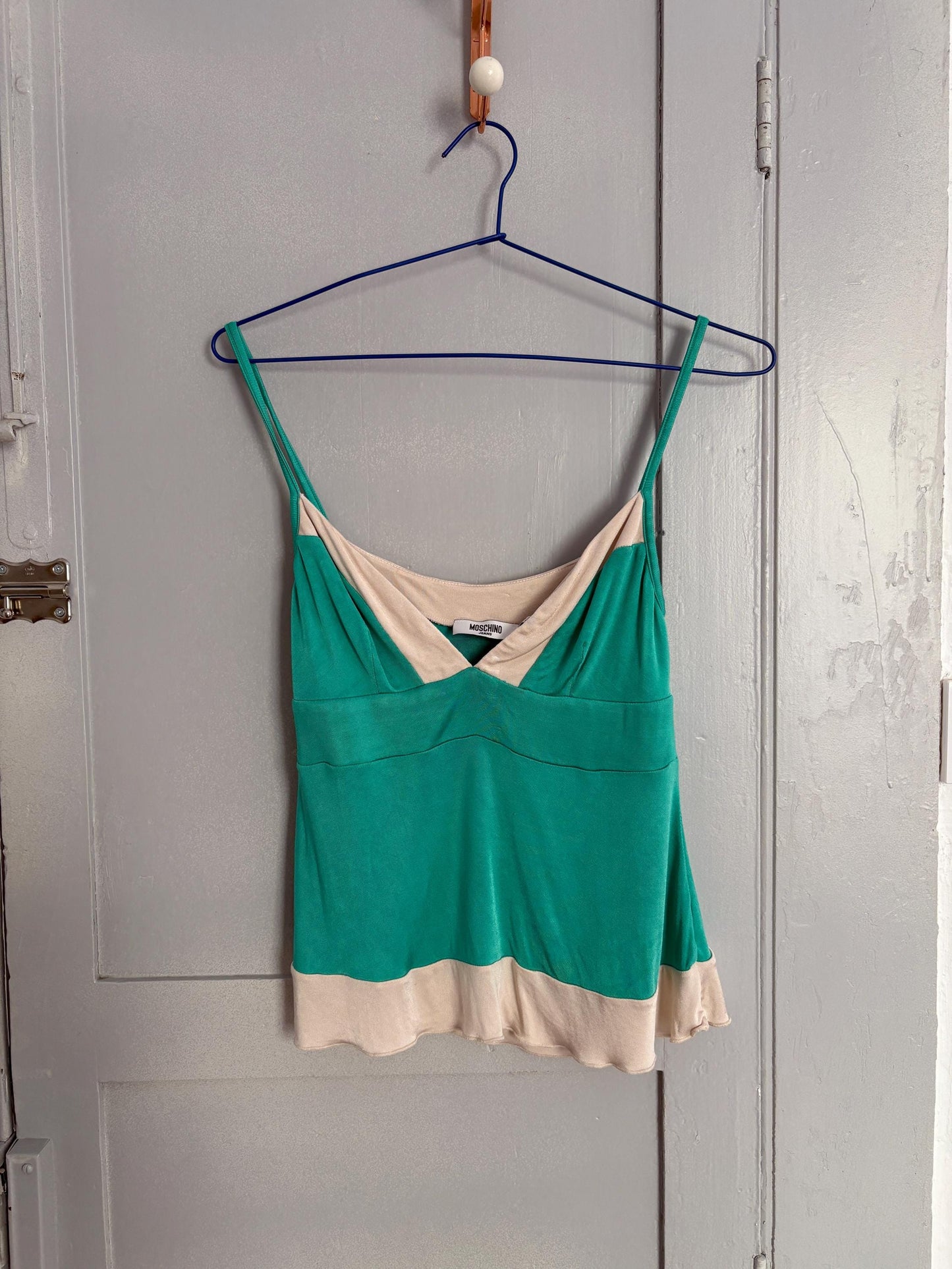 Vintage Moschino Jeans tank top, Colourful green camisole, Sexy open neckline, Secondhand branded designer wear, S