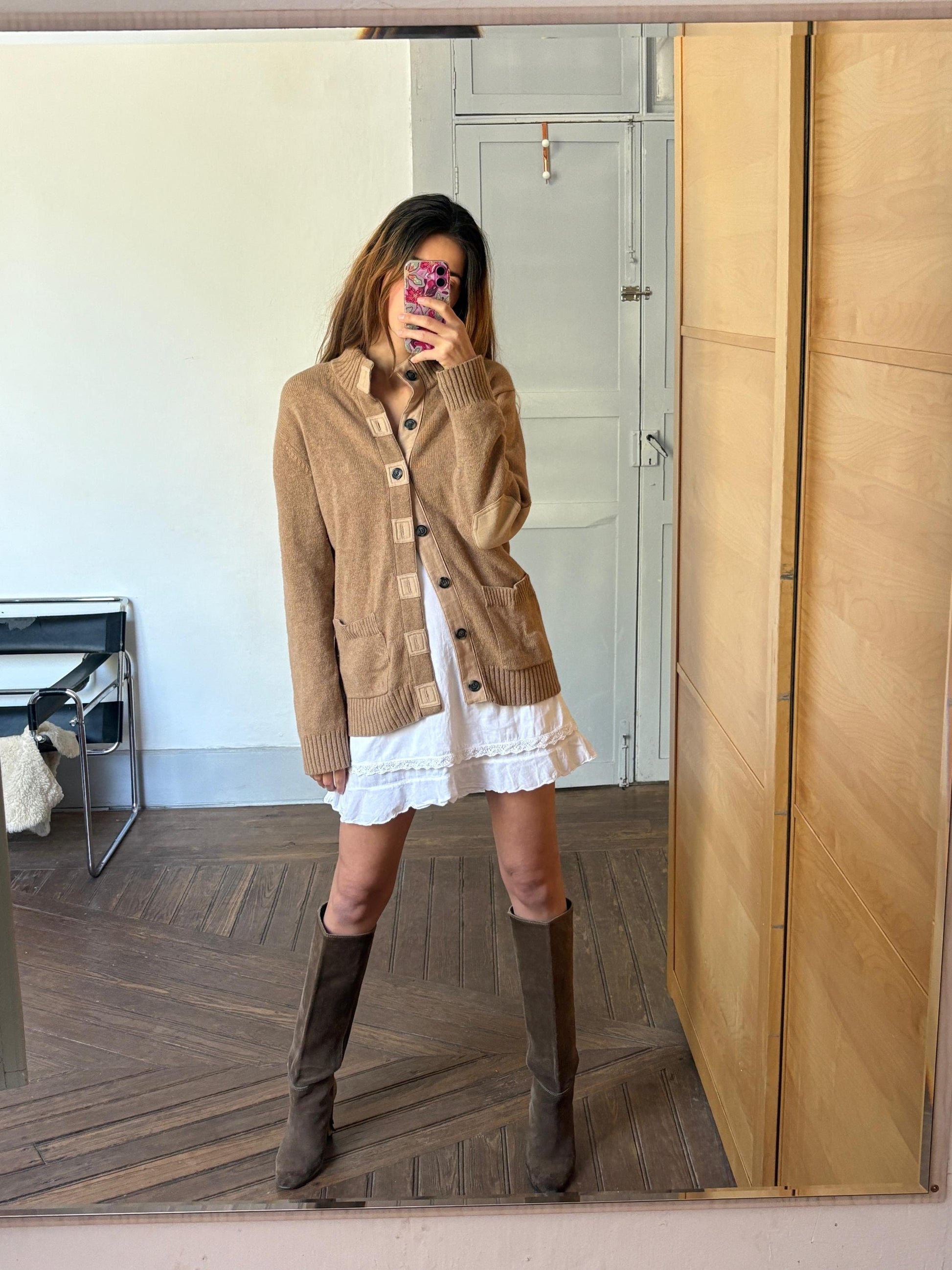 Vintage Tan Wool - CAMEL blend cardigan, Spanish Designer Pedro del Hierro winter sweater, Light brown dark academia clothing, M