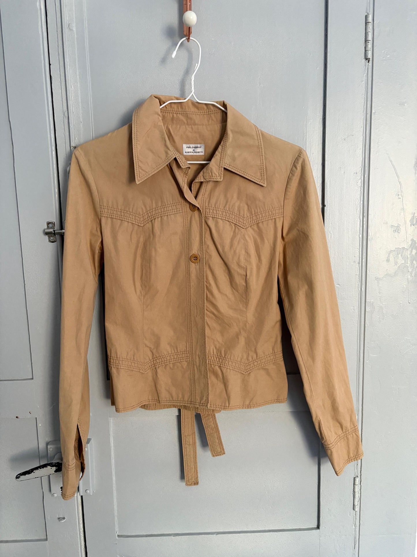 Vintage Philosophy di Alberta Ferretti beige summer jacket, Formal light brown designer blazer, Elegant woman coat, US 4–6