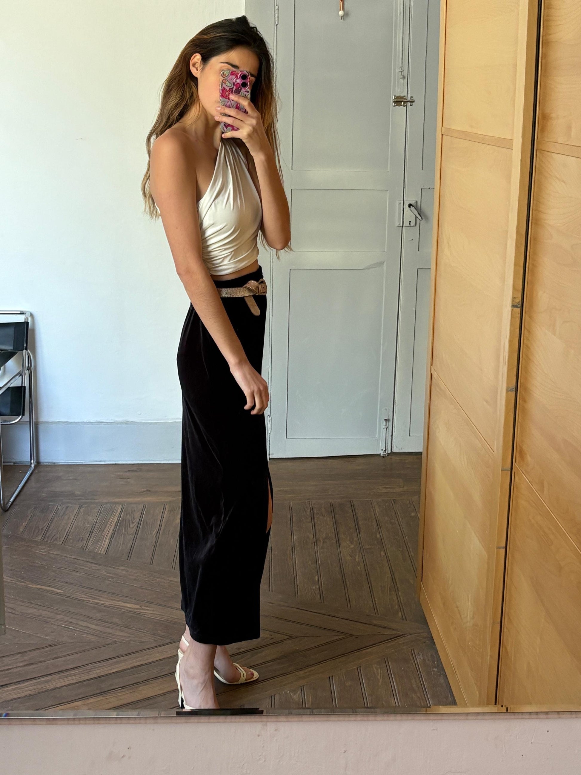 Vintage black velvet maxi skirt with side split, Formal elegant sensual long woman skirt, M