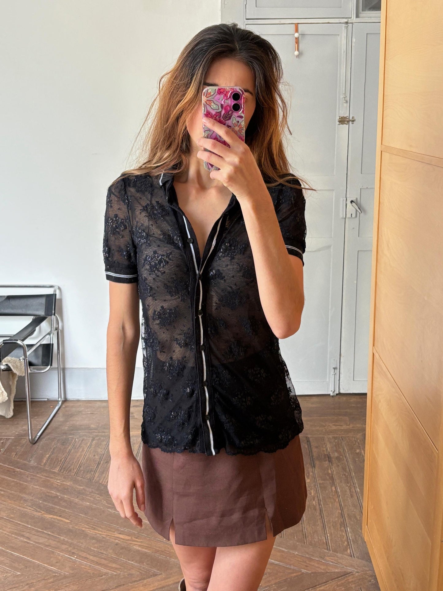 Vintage Iceberg black sheer polo shirt, Floral glitter blouse, Silver see through lace designer t-shirt, L