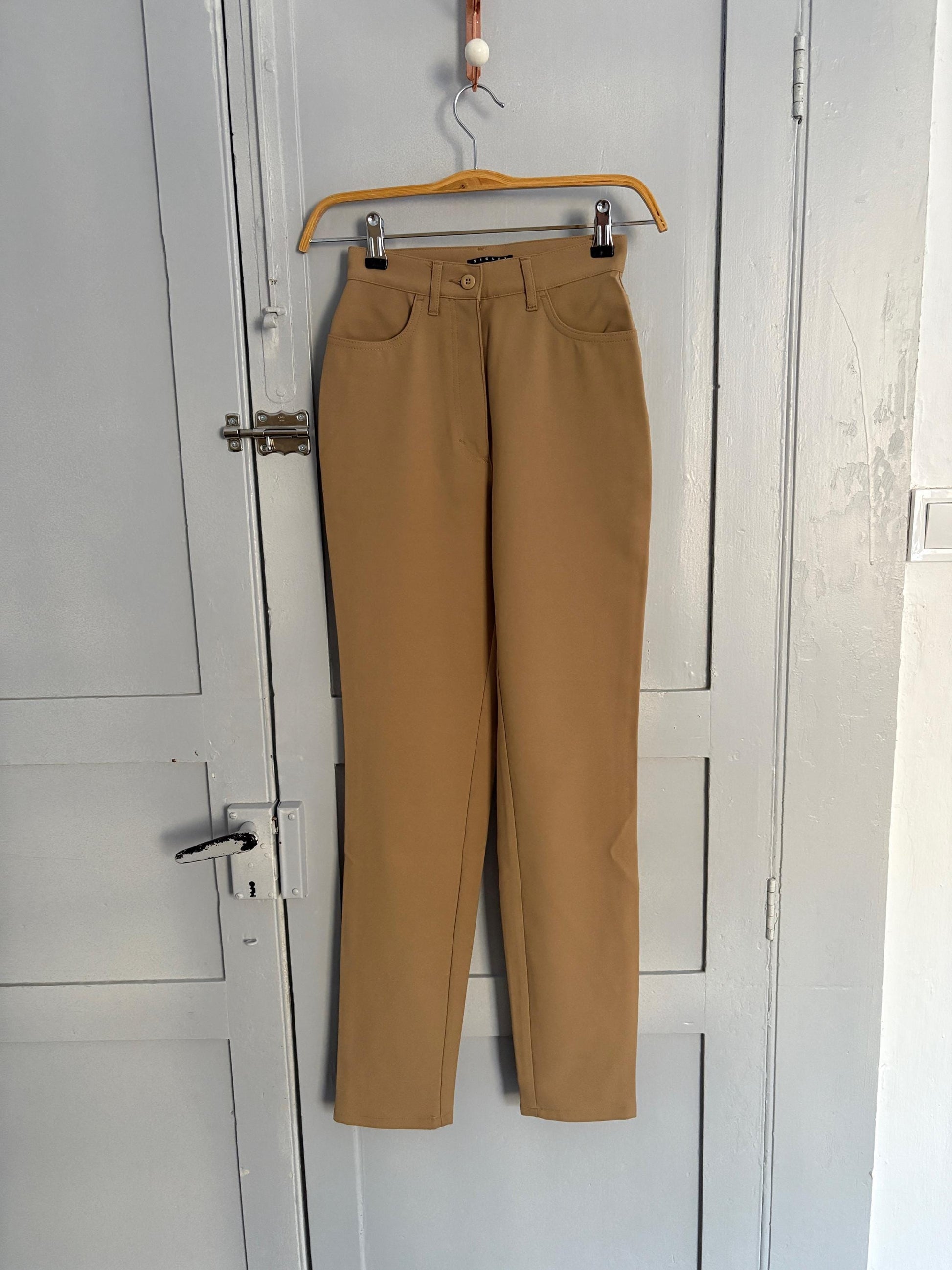 Vintage Sisley skinny pants, Beige High waist trousers, Made in Italy, Size EU 34 - US XXS
