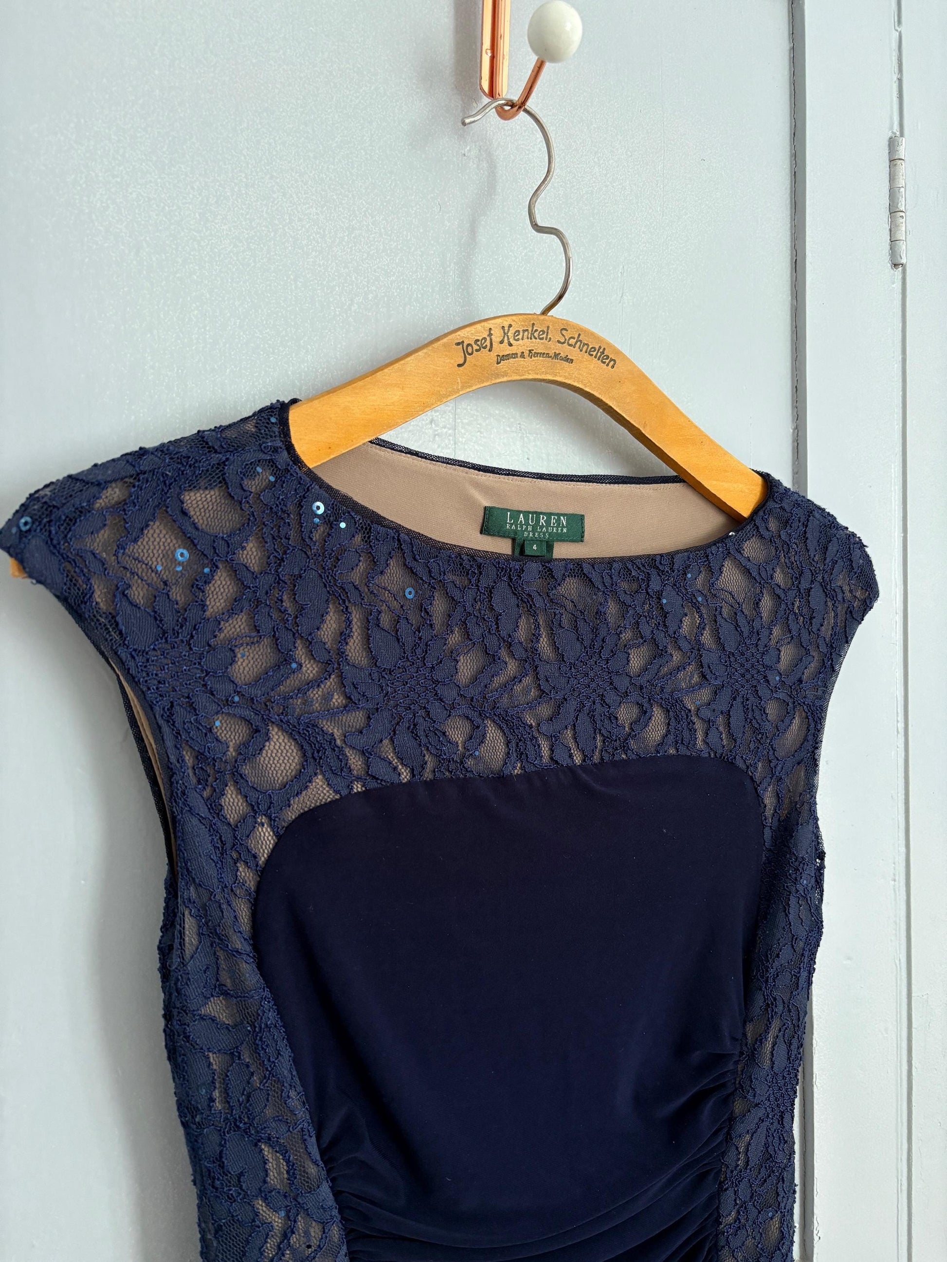 Vintage Lace Lauren Ralph Lauren blue midi dress, Elegant navy blue Designer hourglass dress, Formal event evening summer dress, S