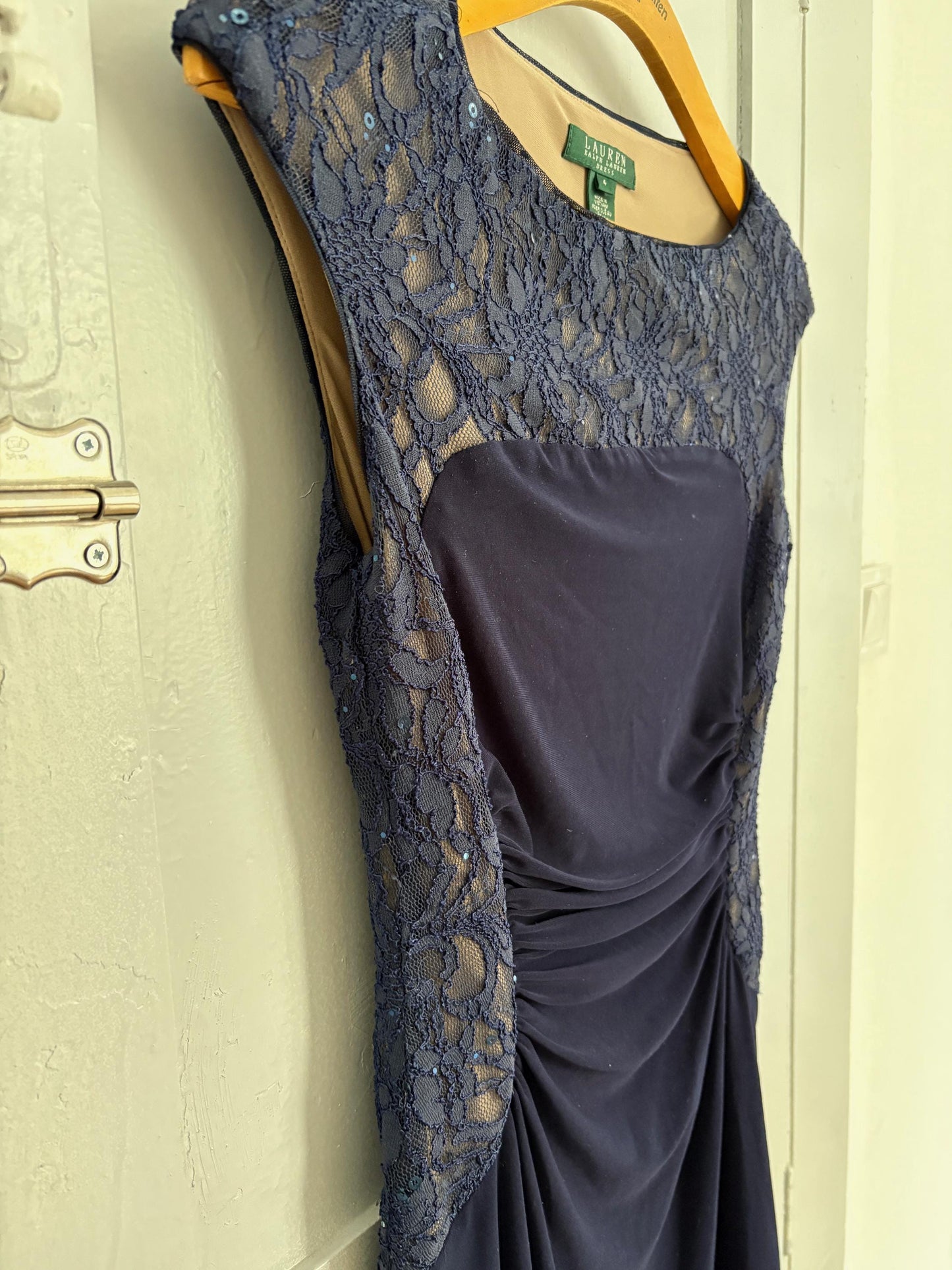 Vintage Lace Lauren Ralph Lauren blue midi dress, Elegant navy blue Designer hourglass dress, Formal event evening summer dress, S