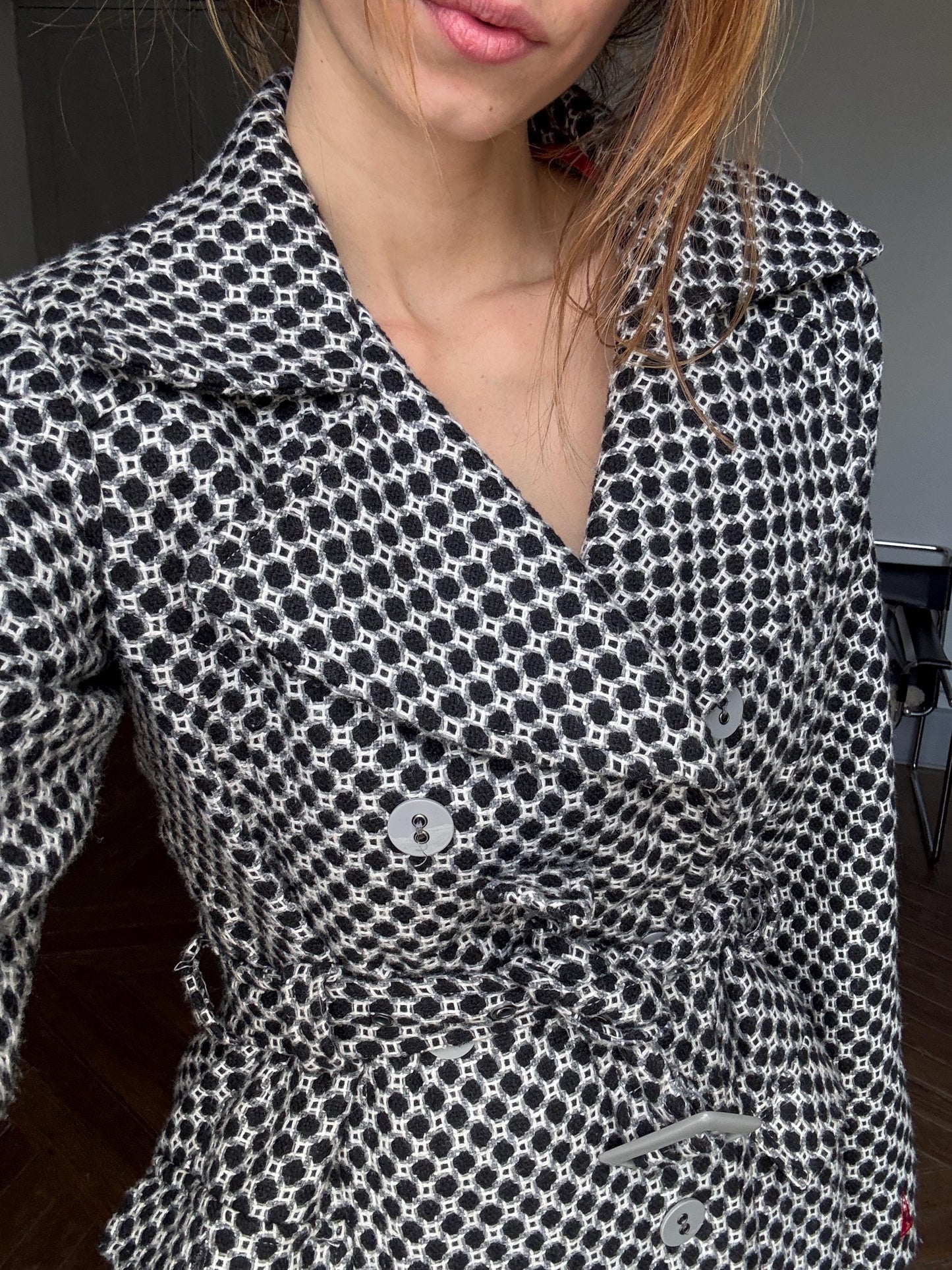 Vintage Monochrome Belted Coat | Parisian-Inspired Club AlphaDyenture Statement Jacket | Size S