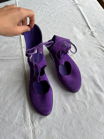 Purple Suede Open Work Summer Sandals — back view