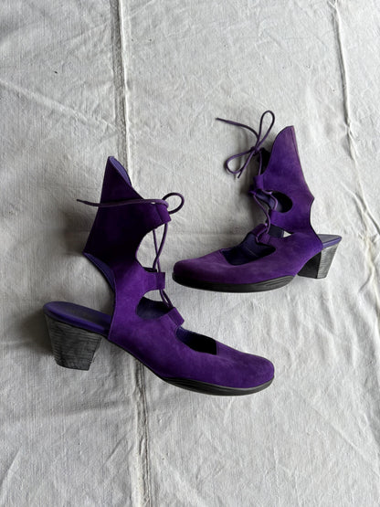 Purple Suede Open Work Summer Sandals — fabric close-up