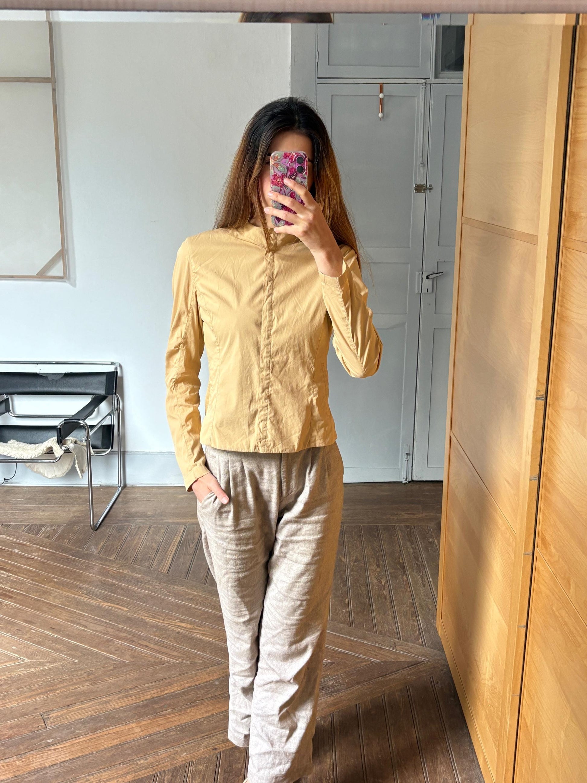 Vintage Strenesse blue beige modern fit woman shirt, minimalist button up shirt, mock neck long sleeve shirt, S