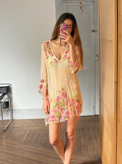 Sheer floral summer bikini dress, See through rose flower gypsy dress, Festival boho hippie