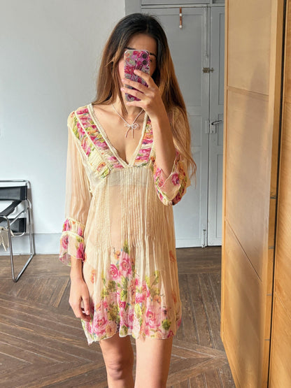Sheer floral summer bikini dress, See through rose flower gypsy dress, Festival boho hippie