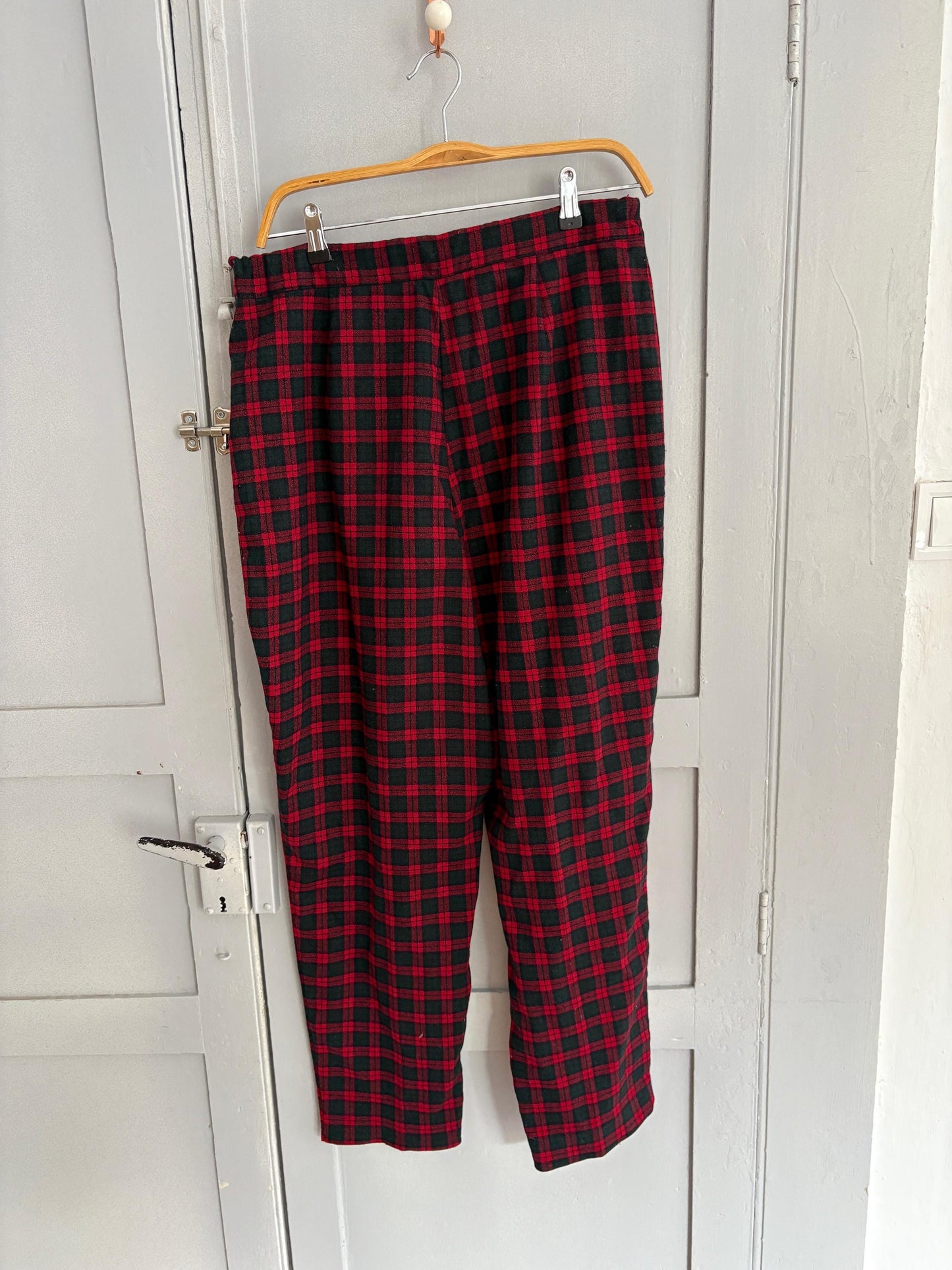 Vintage red plaid wool trousers punk inspired pants Gwen Stefani style 90s grunge tapered leg high waisted tailored fit