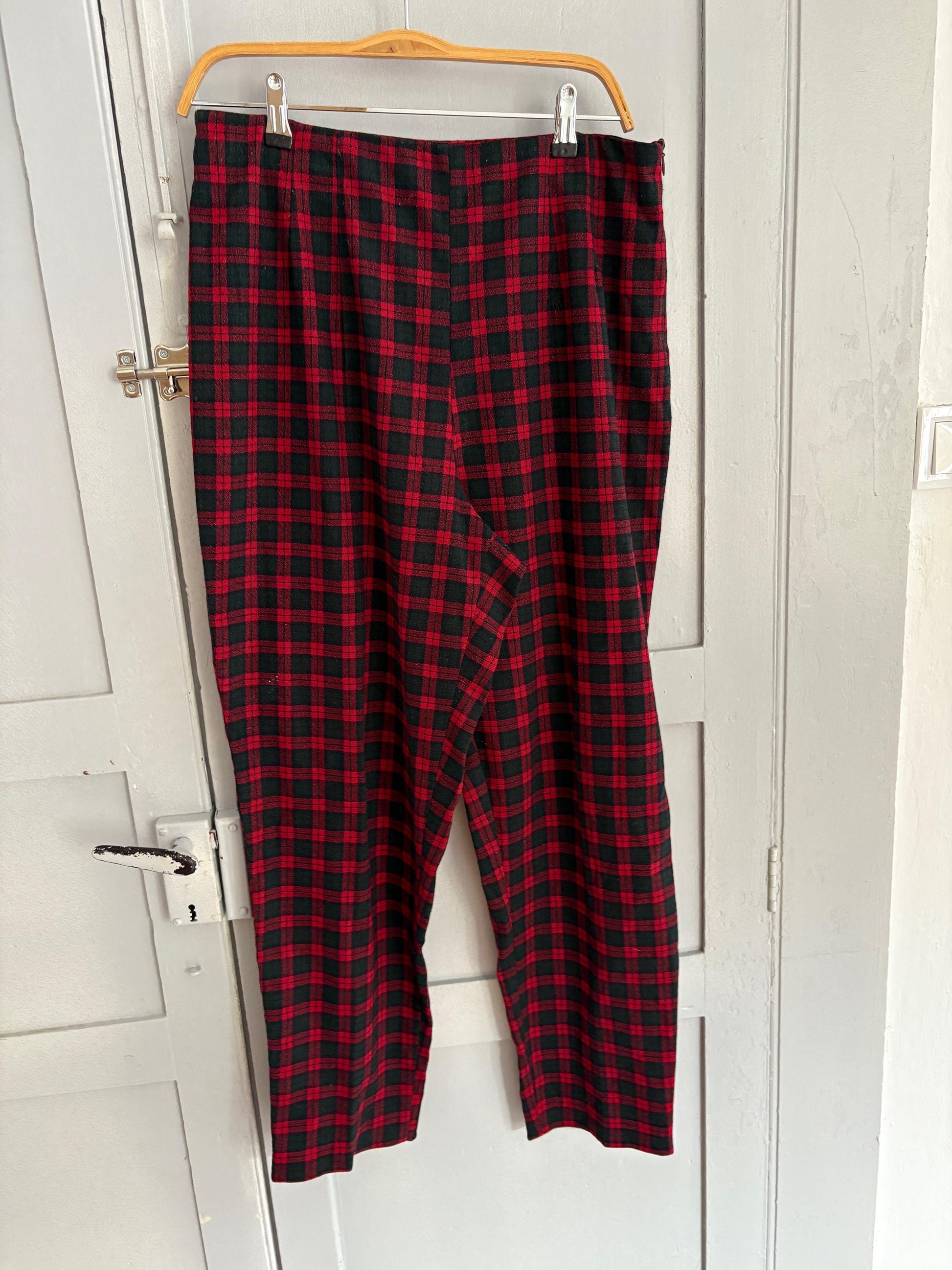Vintage red plaid wool trousers punk inspired pants Gwen Stefani style 90s grunge tapered leg high waisted tailored fit