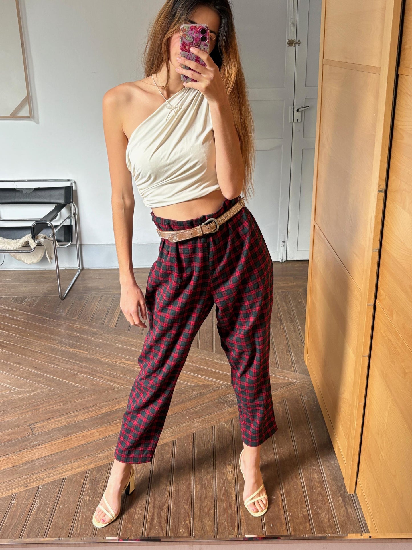 Vintage red plaid wool trousers punk inspired pants Gwen Stefani style 90s grunge tapered leg high waisted tailored fit