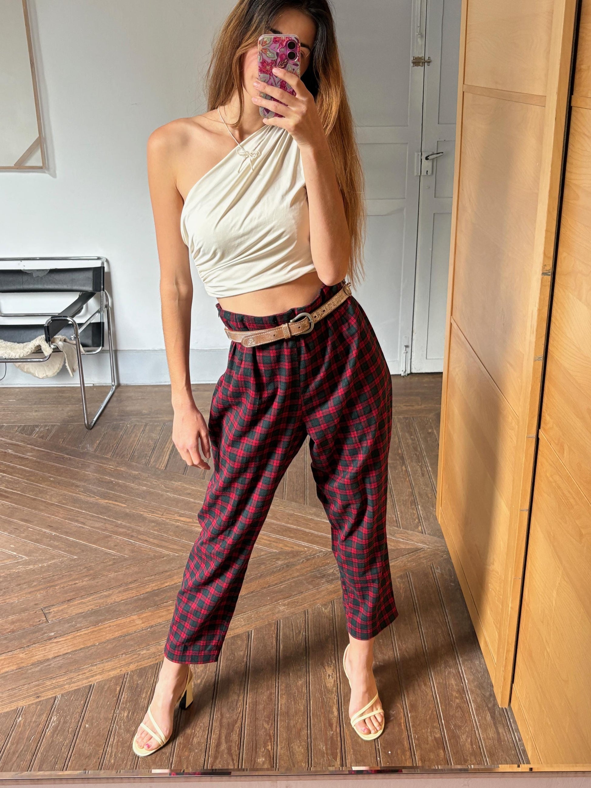 Vintage red plaid wool trousers punk inspired pants Gwen Stefani style 90s grunge tapered leg high waisted tailored fit