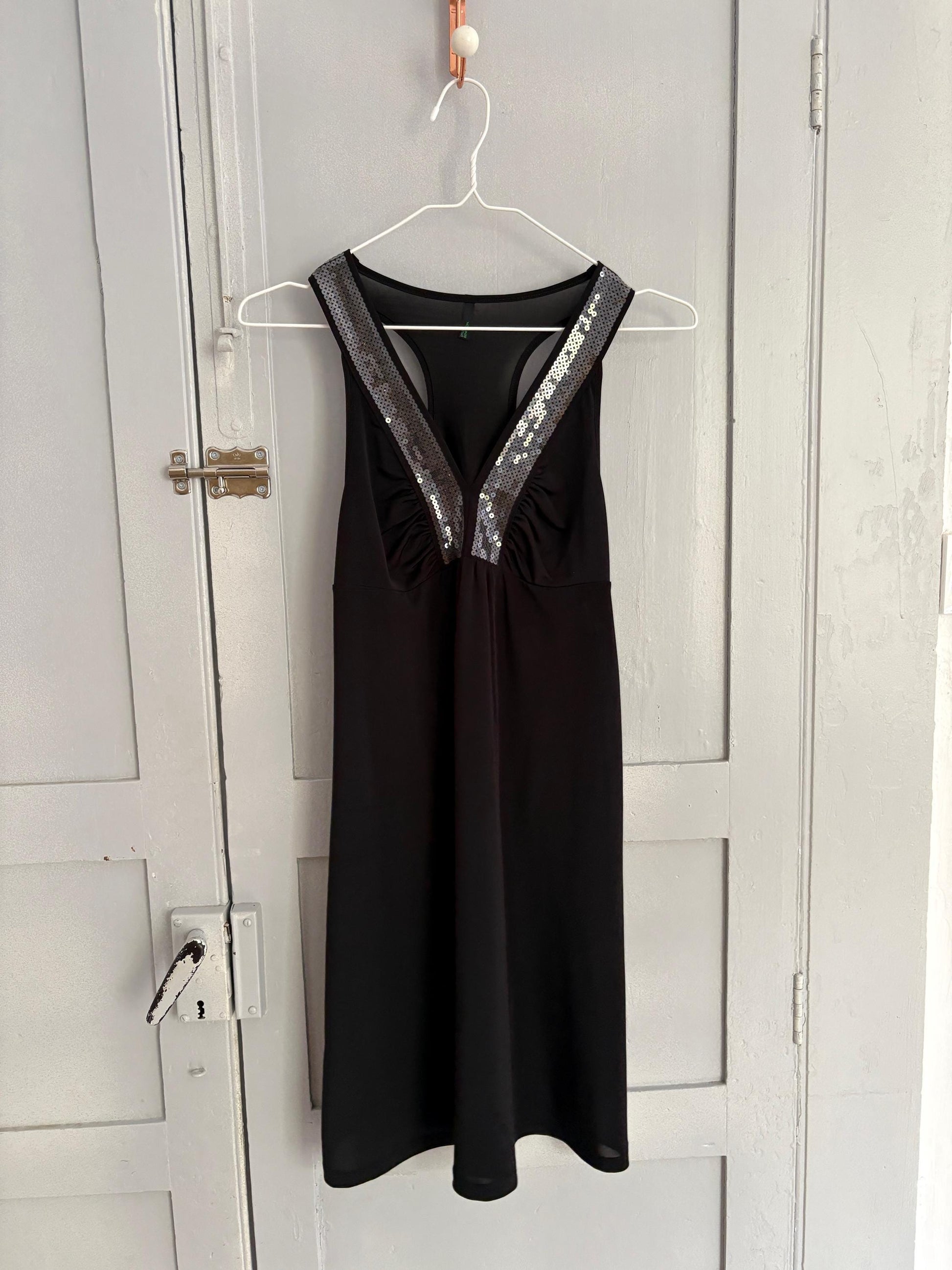 Elegant black mini dress with sequin decorated neckline, Size XS