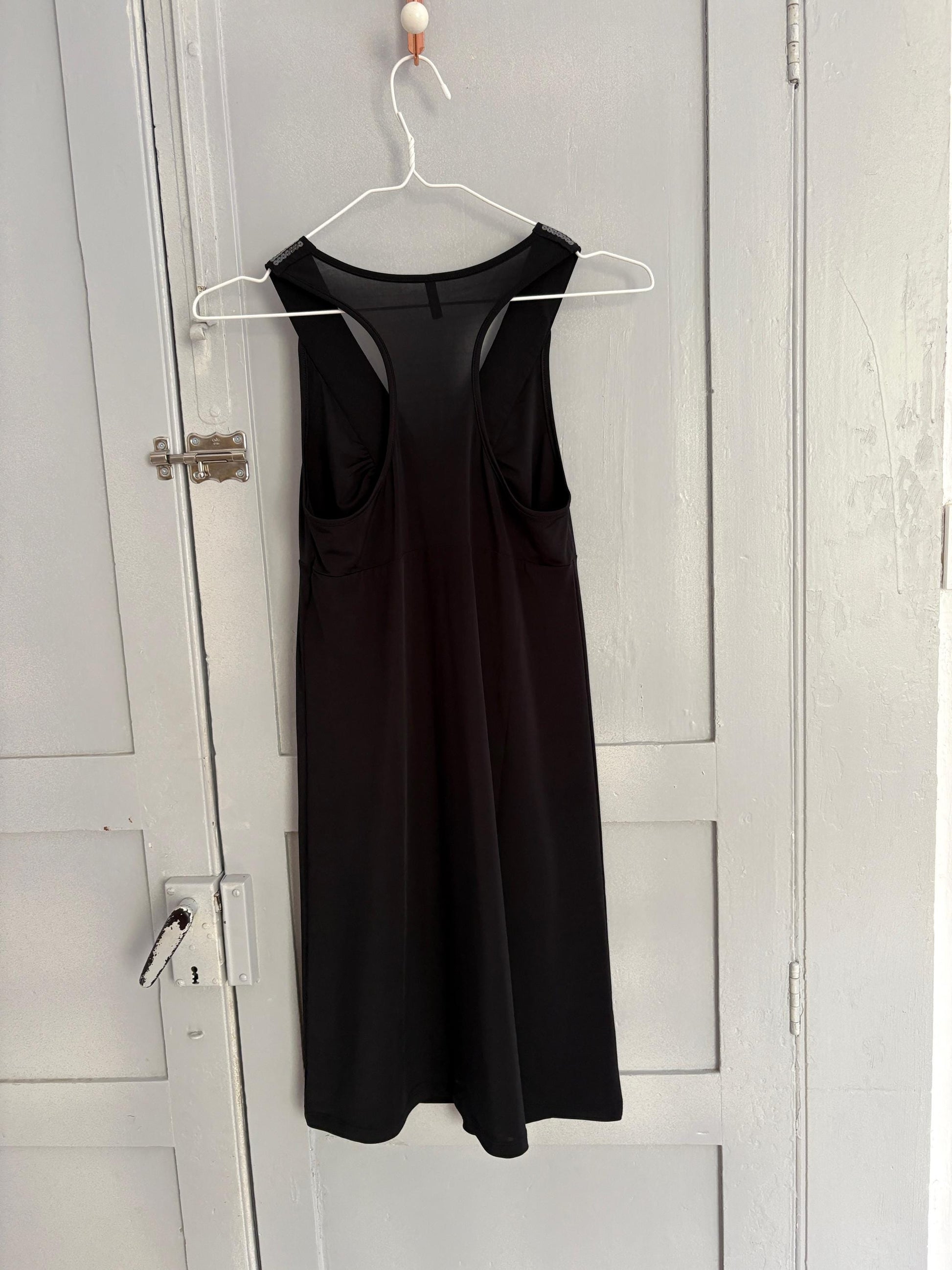 Elegant black mini dress with sequin decorated neckline, Size XS