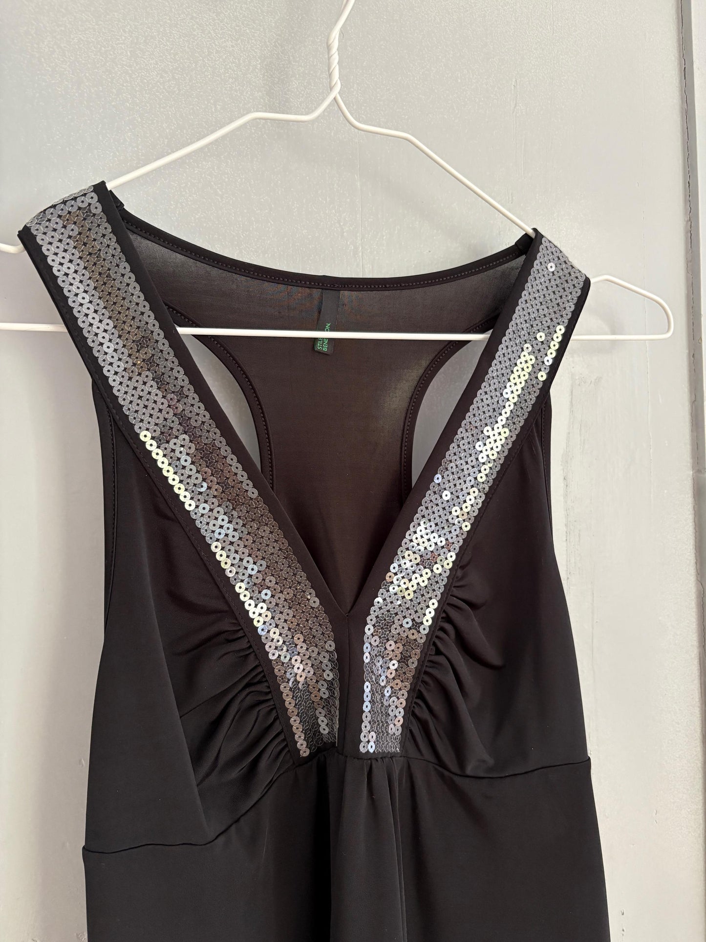 Elegant black mini dress with sequin decorated neckline, Size XS