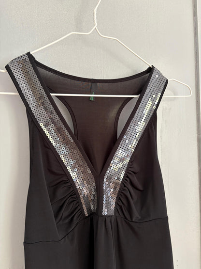 Elegant black mini dress with sequin decorated neckline, Size XS