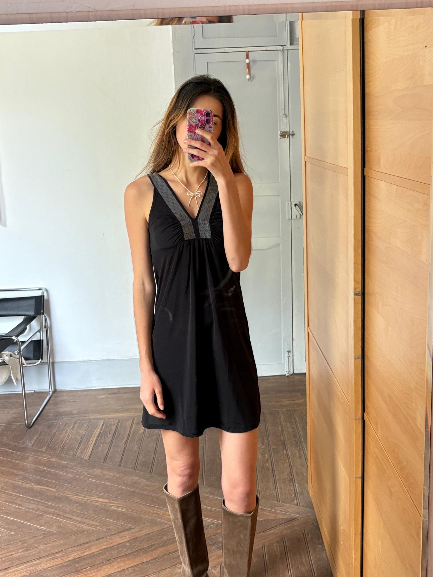 Elegant black mini dress with sequin decorated neckline, Size XS