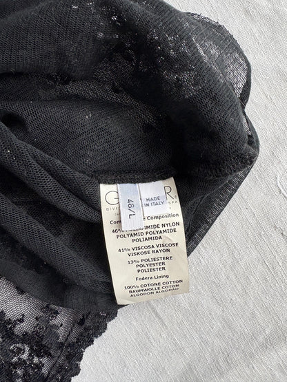 Vintage Iceberg black sheer polo shirt, Floral glitter blouse, Silver see through lace designer