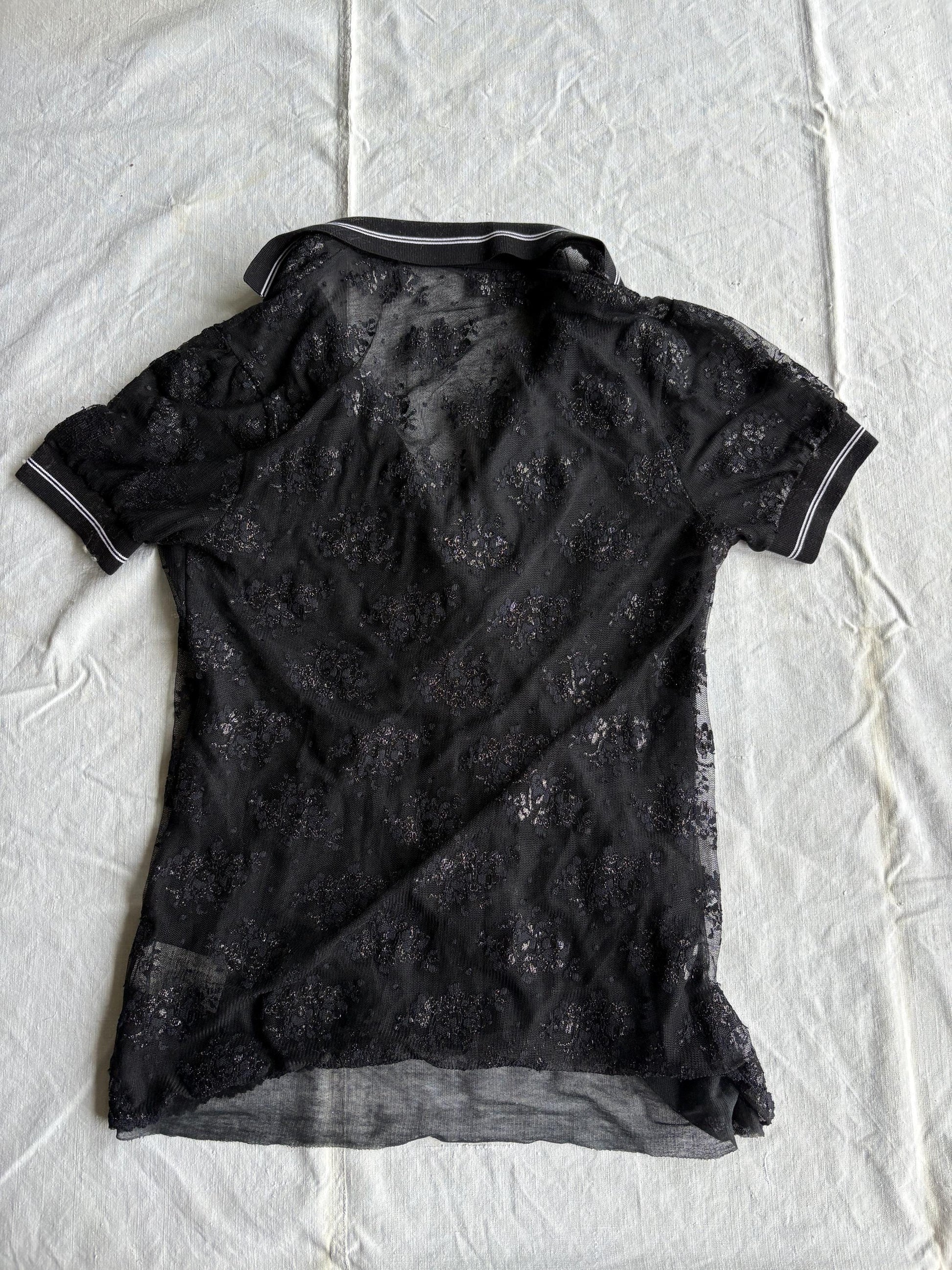 Vintage Iceberg black sheer polo shirt, Floral glitter blouse, Silver see through lace designer t-shirt, L